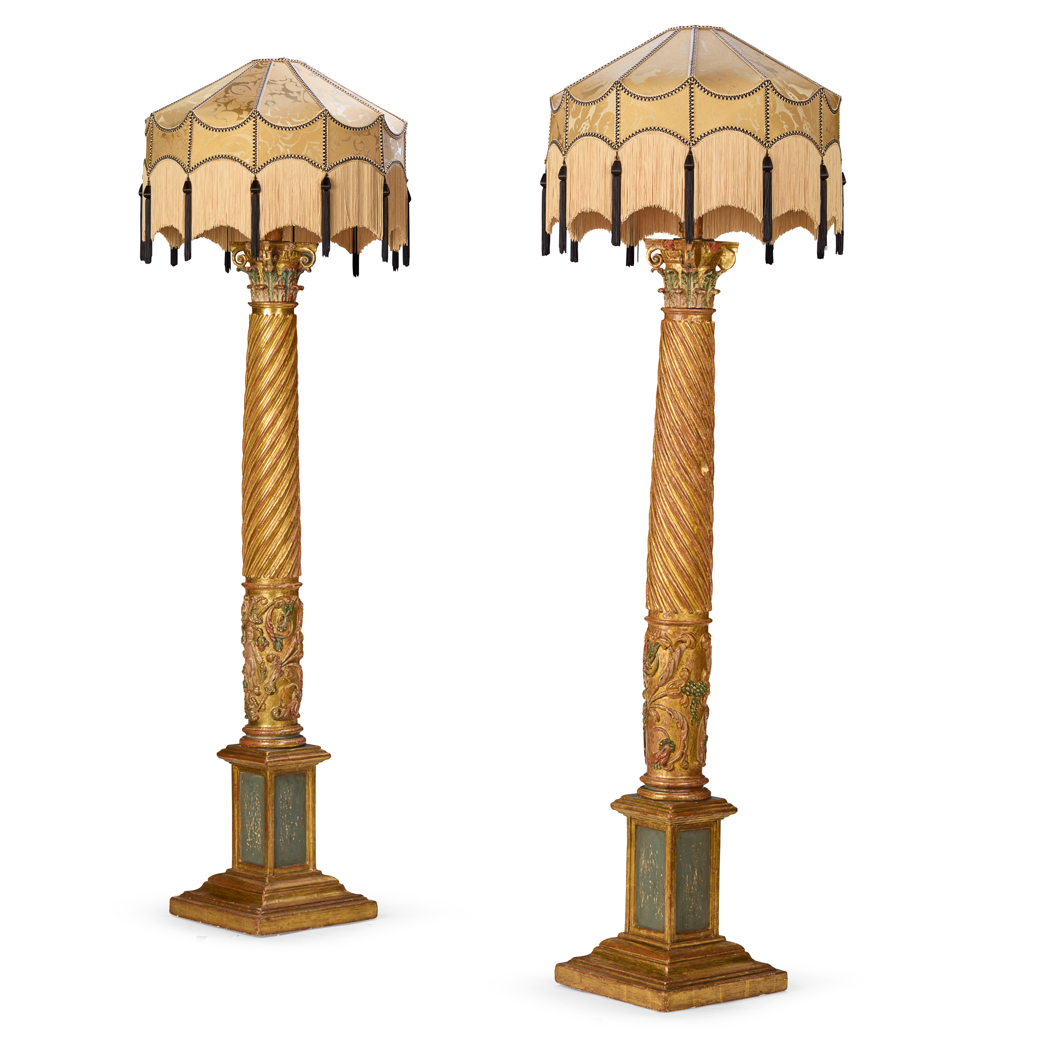 PAIR OF LARGE ITALIAN CARVED, PAINTED, AND PARCEL-GILT TORCHÈRES
