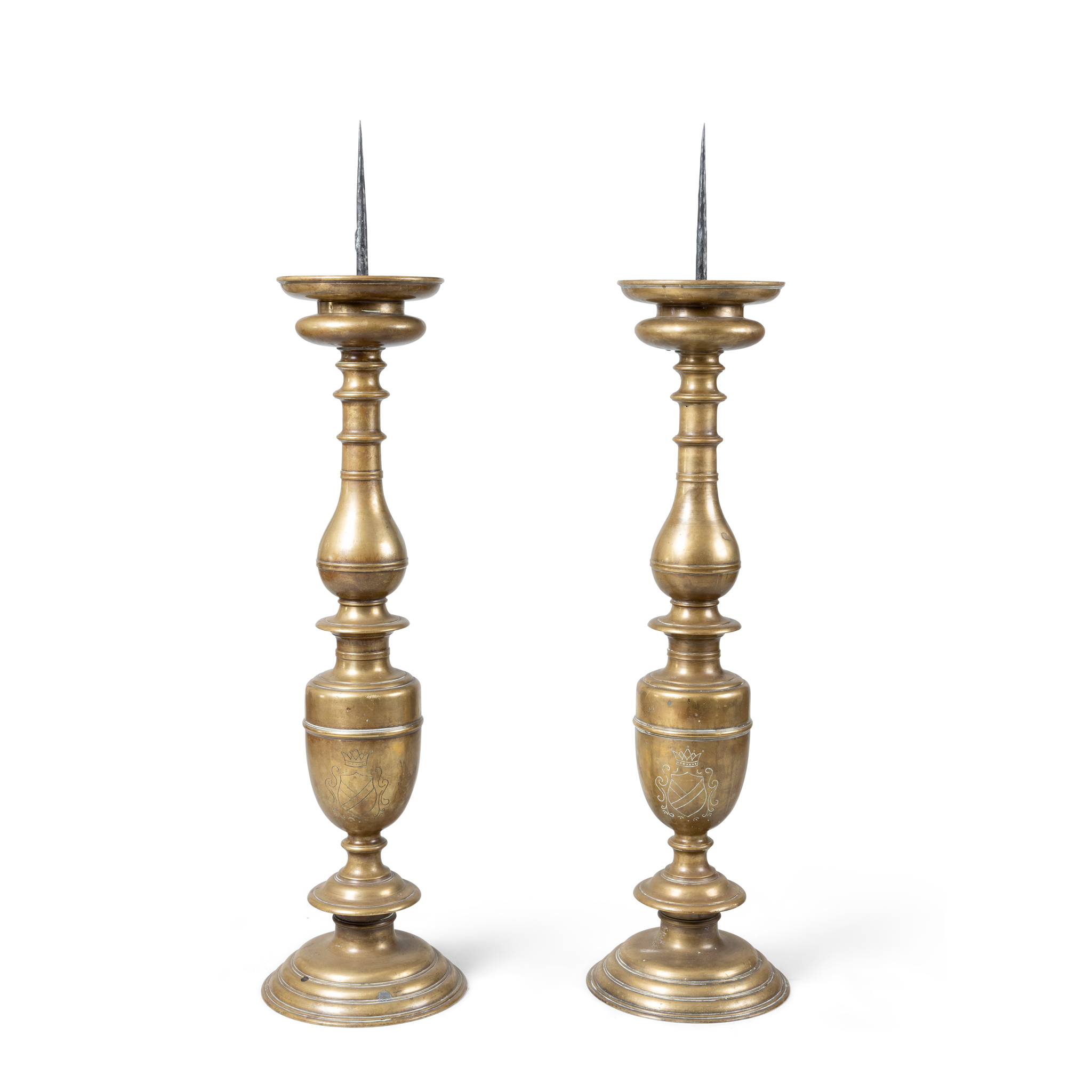 A PAIR OF LARGE BRONZE CONTINENTAL PRICKET CANDLESTICKS