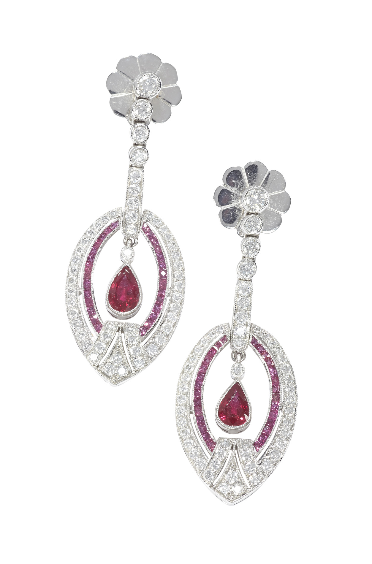 A pair of early 20th century style ruby and diamond set ear pendants