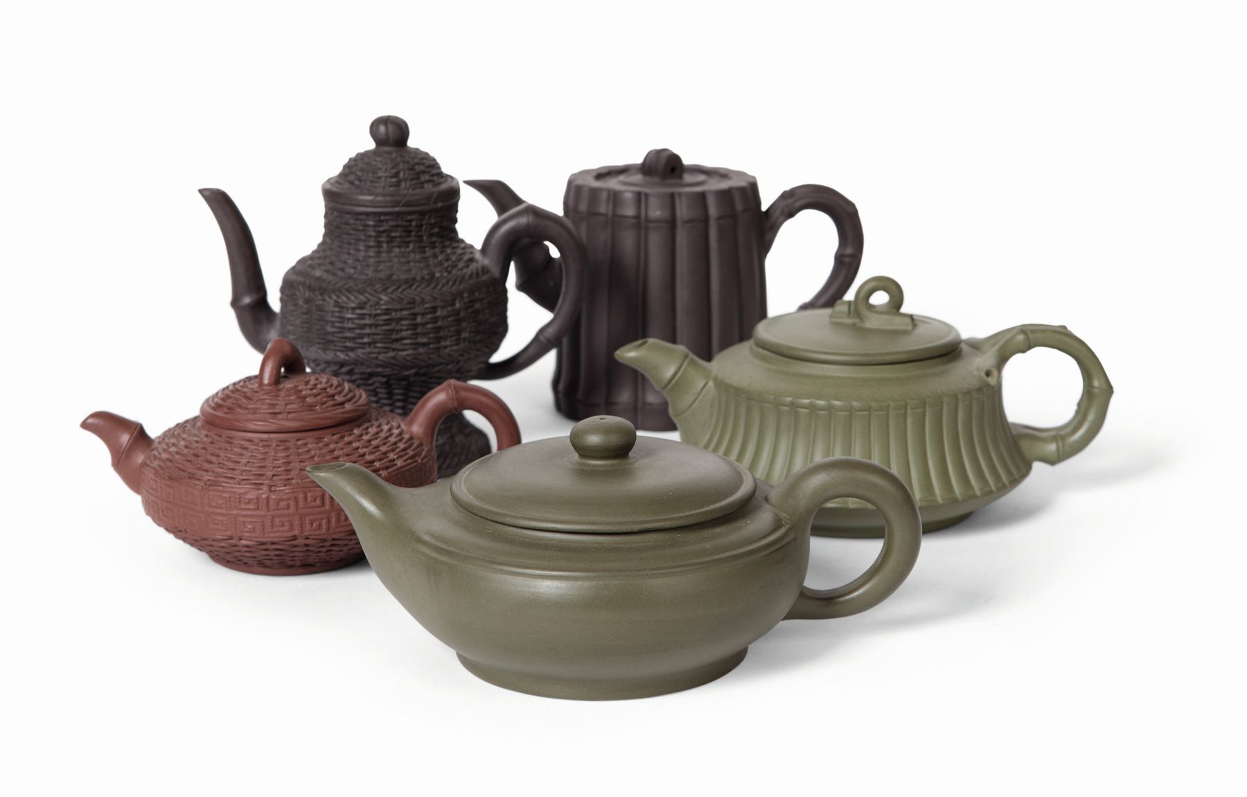 FIVE CHINESE YIXING POTTERY TEA POTS