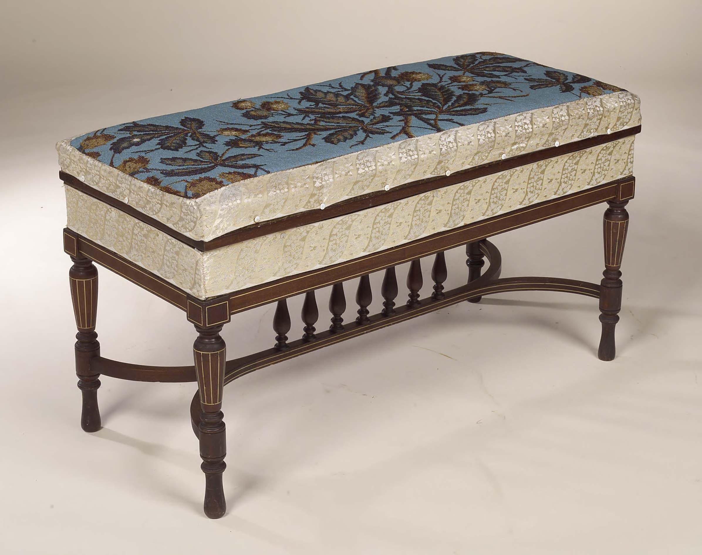 An Edwardian mahogany and ivory line inlaid duet stool,