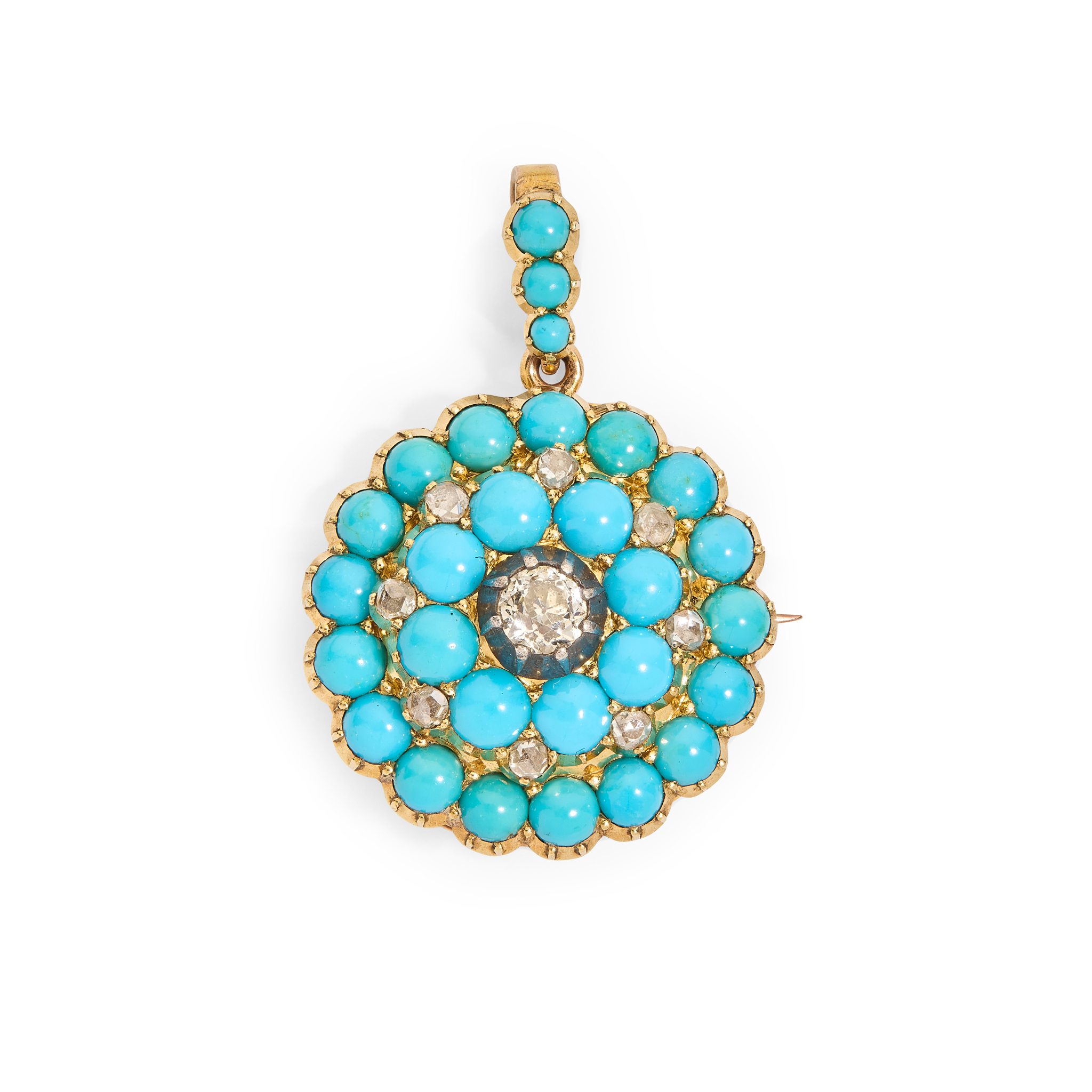 A late 19th century turquoise and diamond brooch pendant