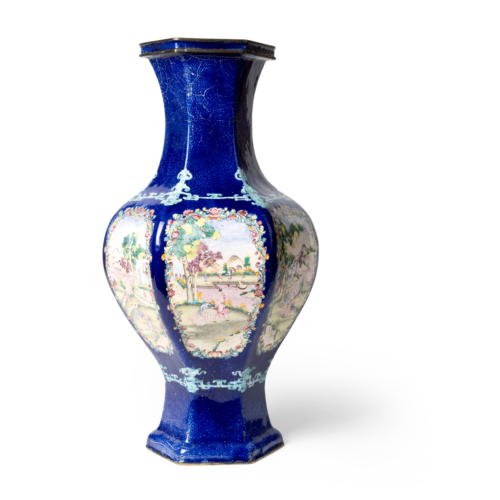 CHINESE CANTON BLUE-GROUND PAINTED ENAMEL 'EUROPEAN LIFE' HEXAGONAL VASE