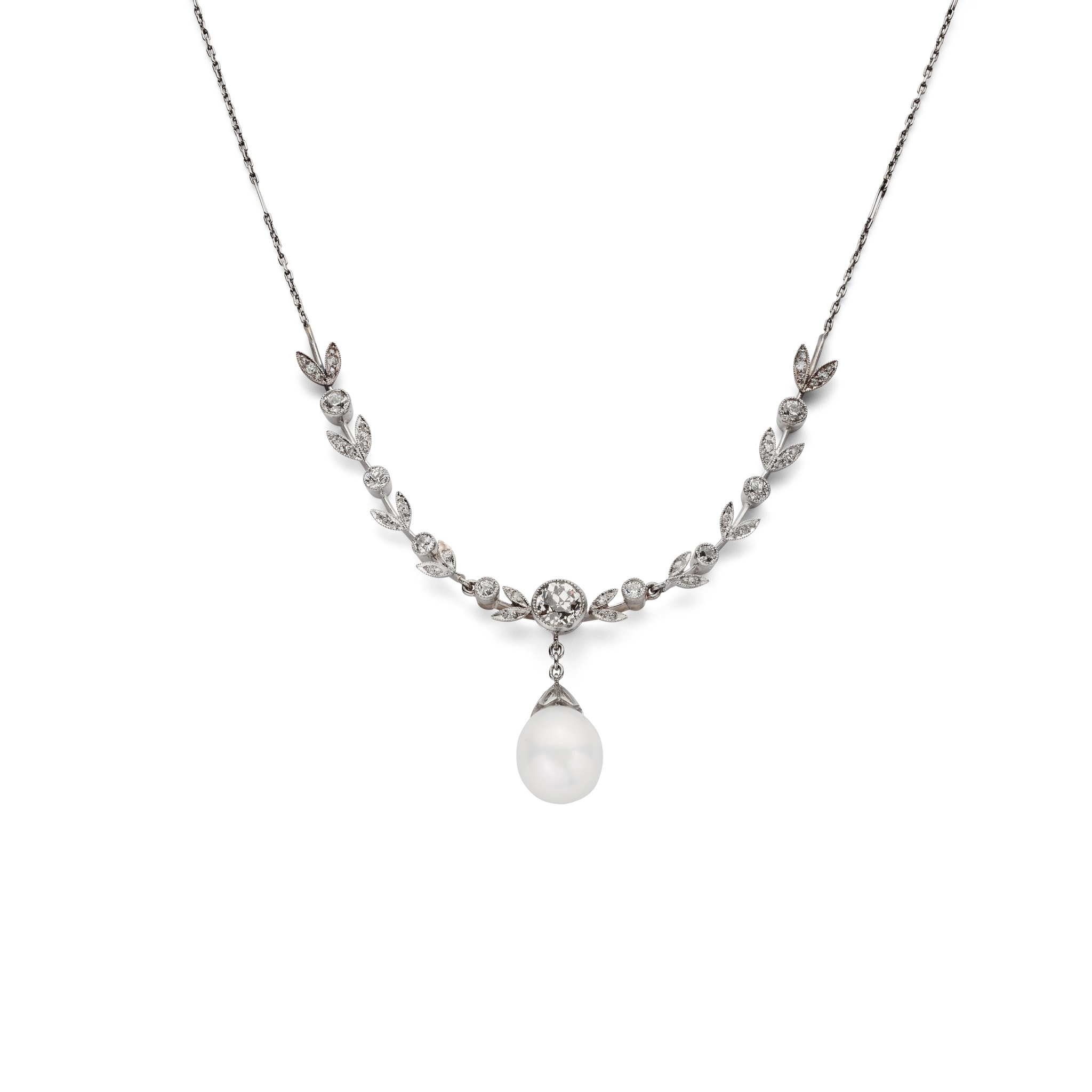 An early 20th century natural pearl and diamond necklace