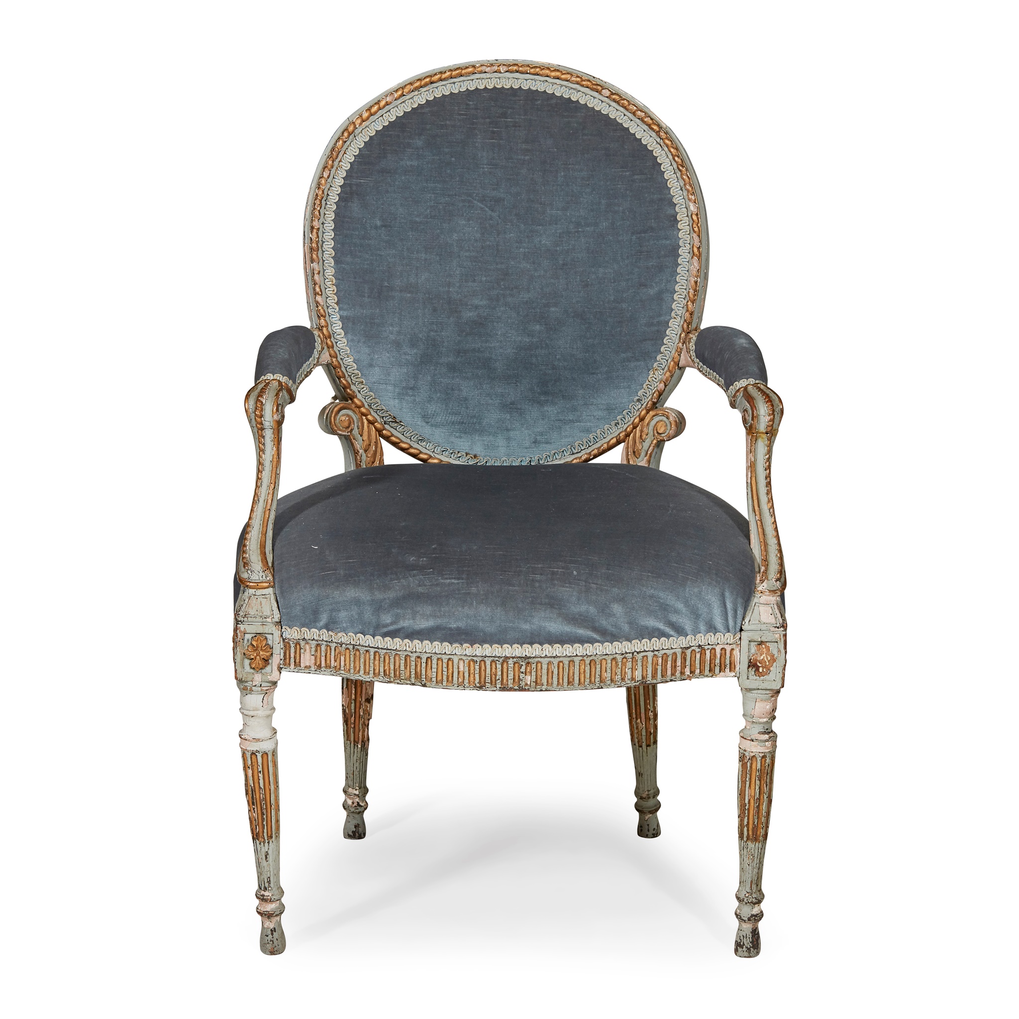 GEORGE III PAINTED AND PARCEL GILT ARMCHAIR, ATTRIBUTED TO THE WORKSHOP OF THOMAS CHIPPENDALE