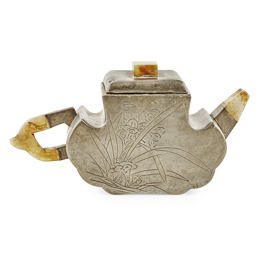 PEWTER-ENCASED YIXING STONEWARE TEAPOT AND COVER