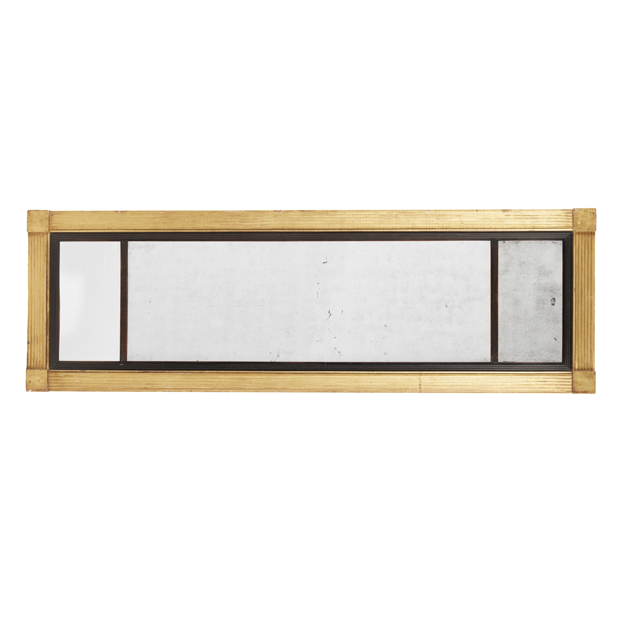 REGENCY GILTWOOD AND EBONISED TRIPLE PLATE OVERMANTEL MIRROR