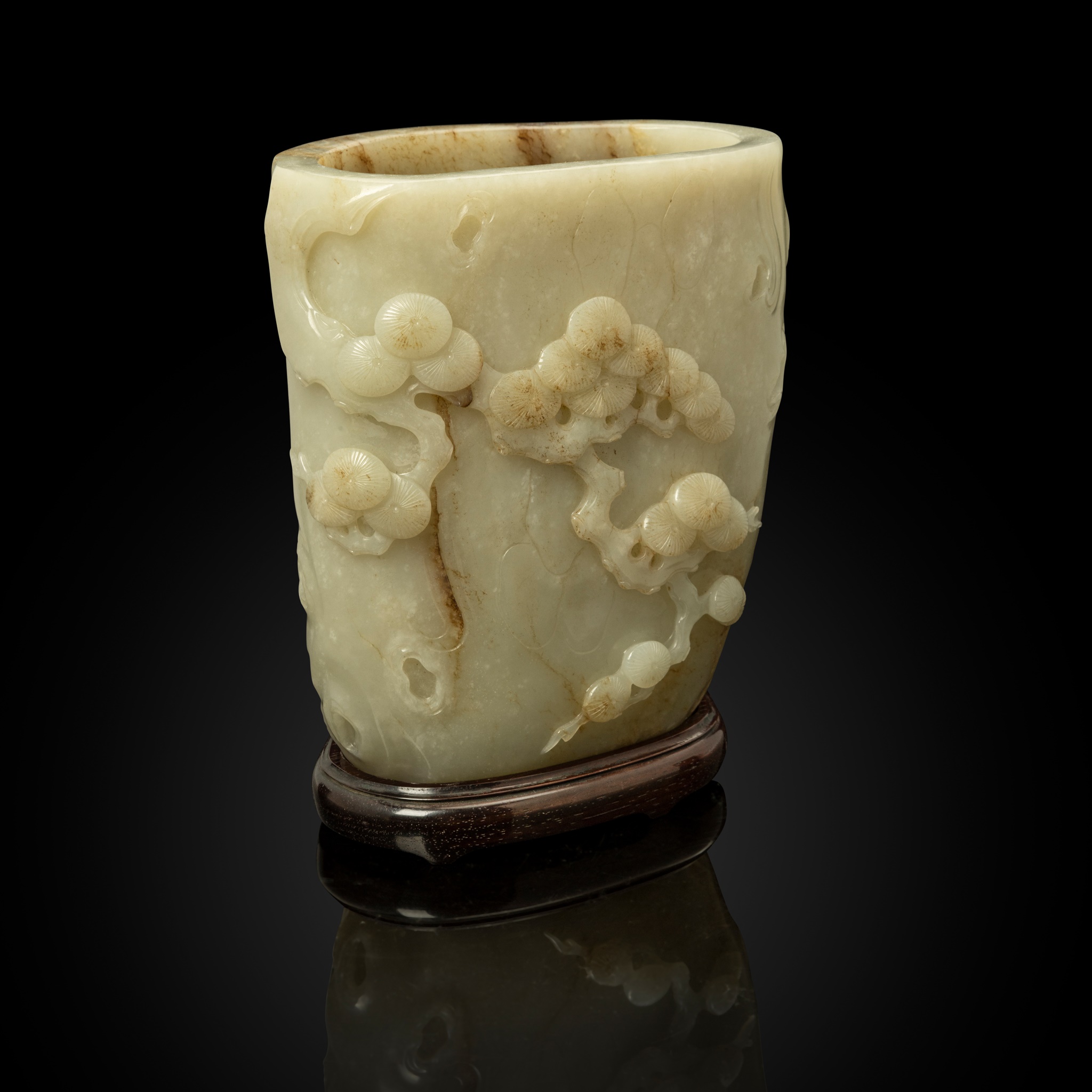 WHITE JADE WITH RUSSET SKIN 'PINE TREE' BRUSH POT
