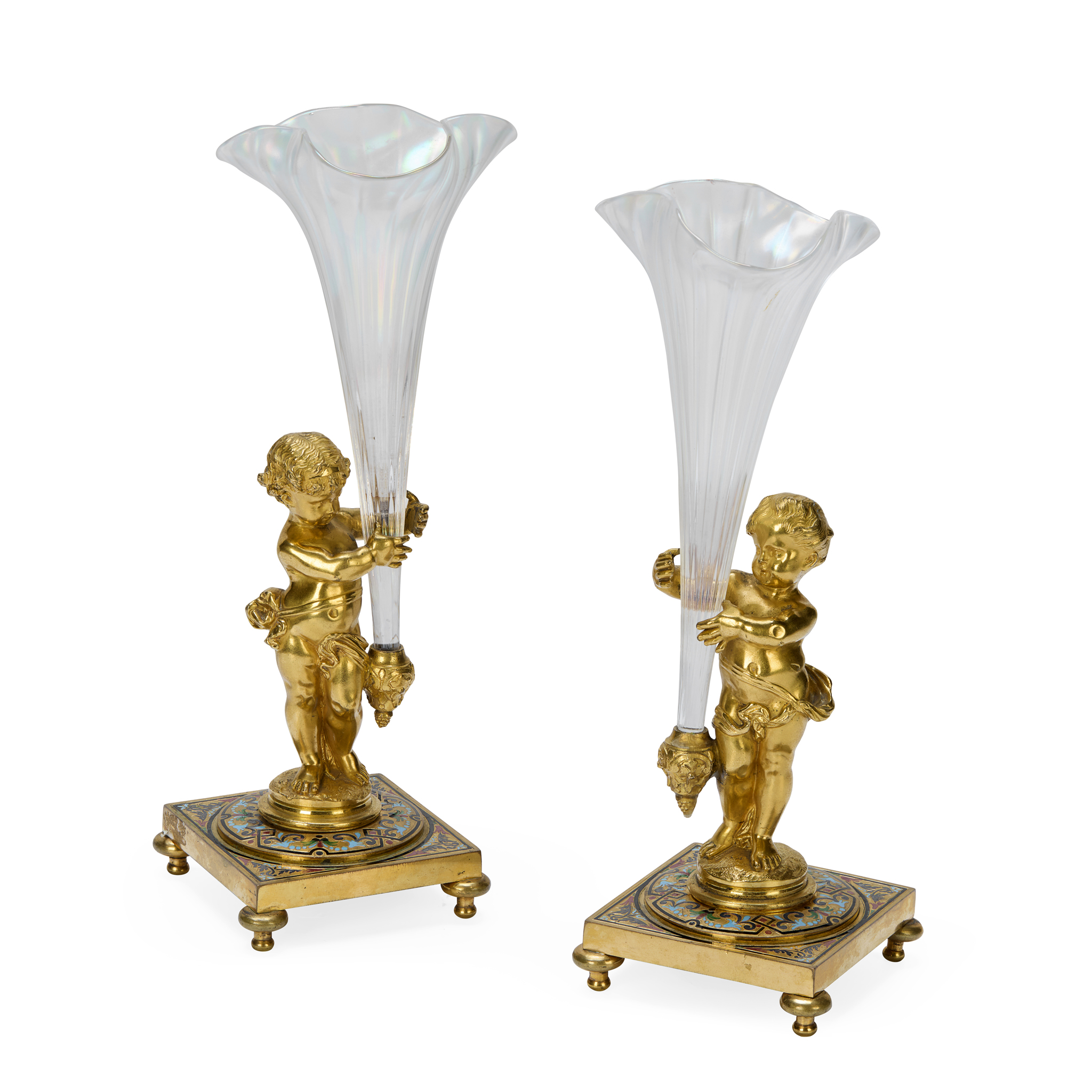 A PAIR OF GILT BRONZE, CHAMPLEVÉ ENAMEL, AND OPALESCENT GLASS SPILL VASES, ATTRIBUTED TO FERDINAND BARBEDIENNE