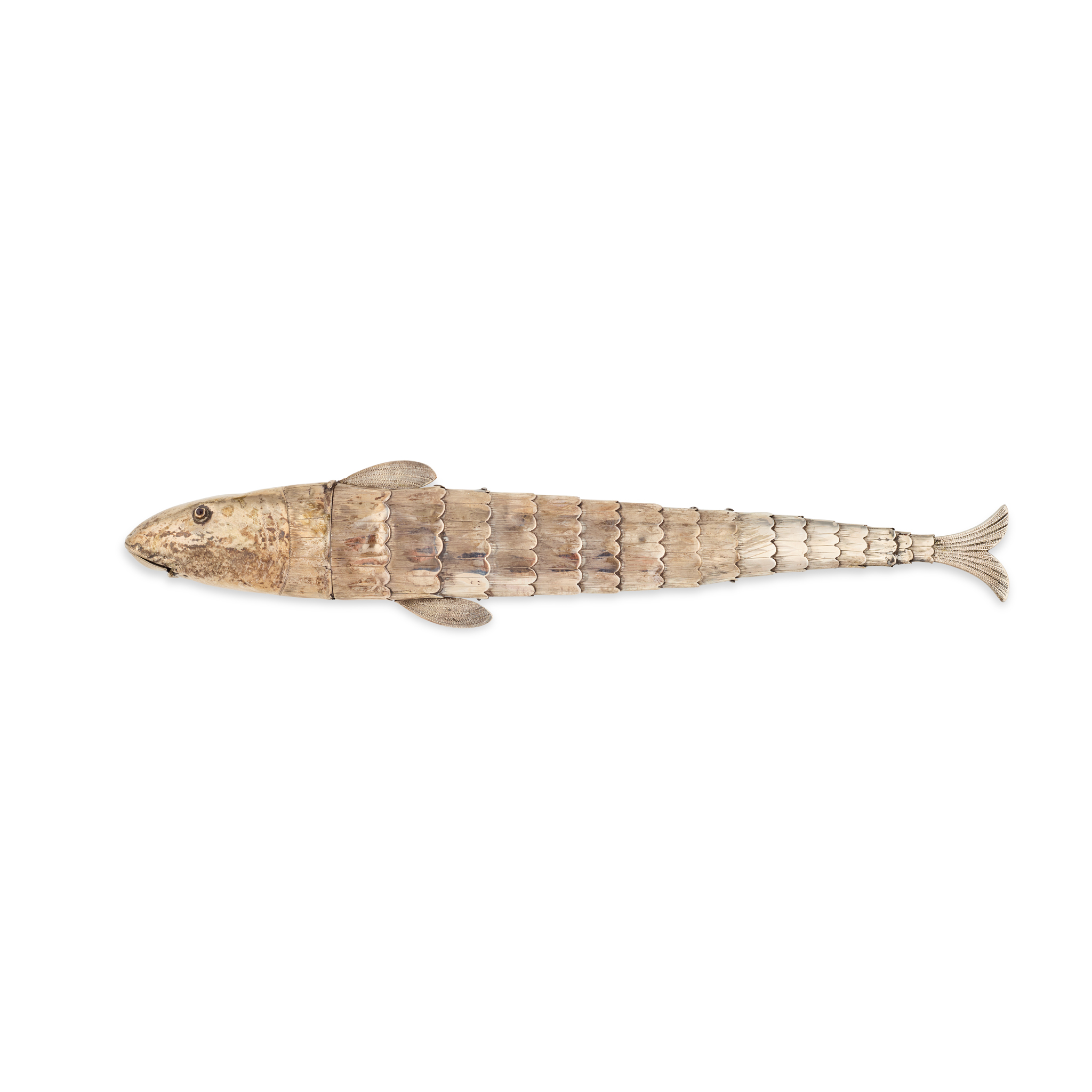 CONTINENTAL SILVER ARTICULATED FISH SNUFF / SPICE BOX