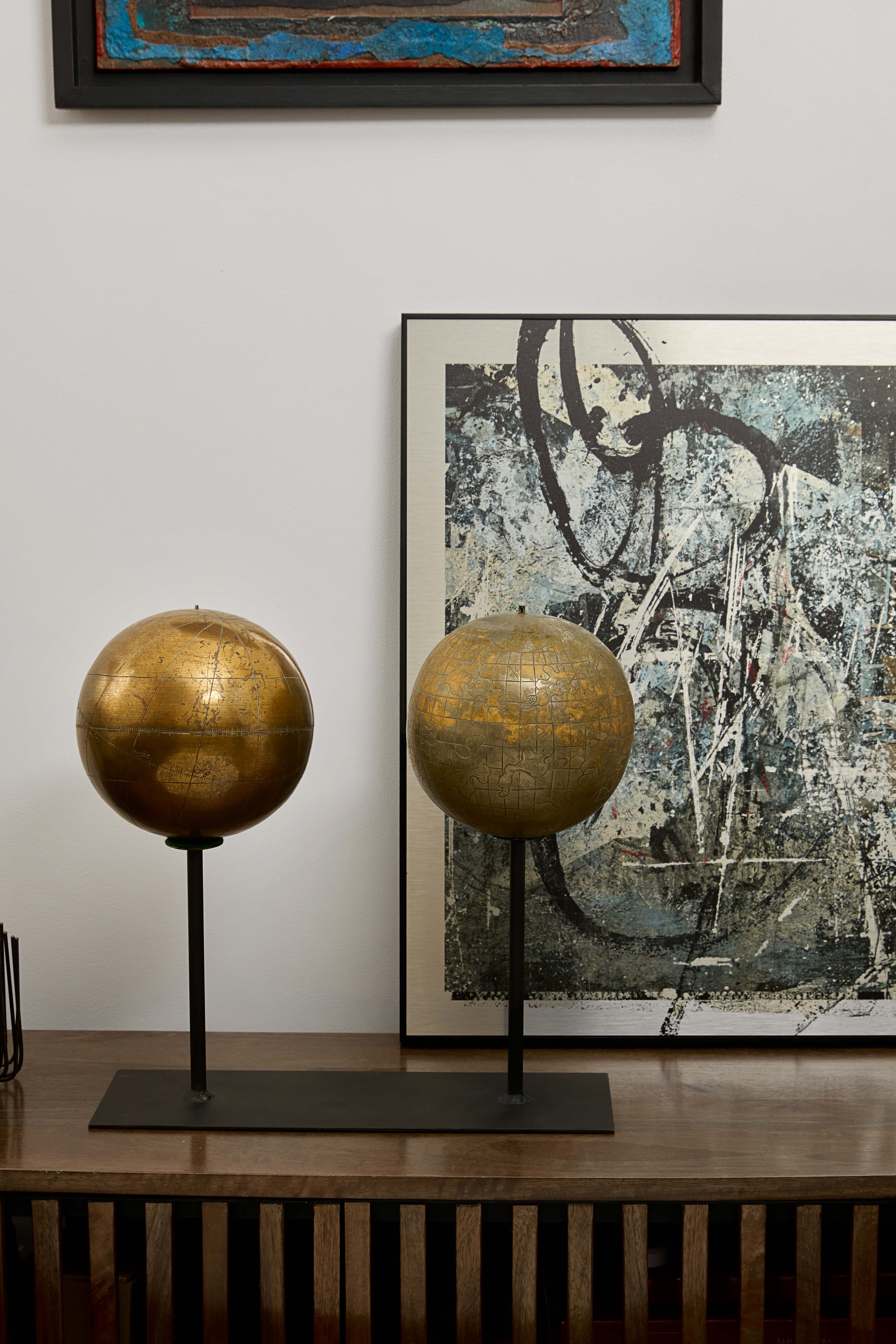 PAIR OF ENGRAVED GILT COPPER CELESTIAL AND TERRESTRIAL GLOBES