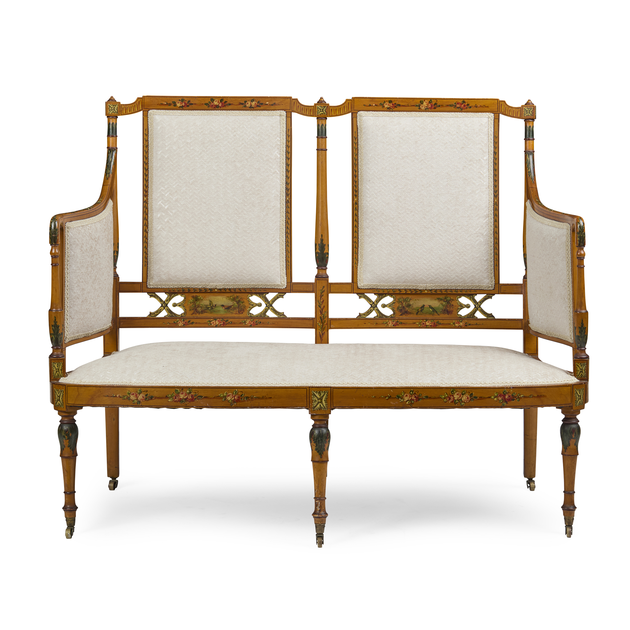 EDWARDIAN SHERATON STYLE PAINTED SATINWOOD DOUBLE CHAIRBACK SETTEE