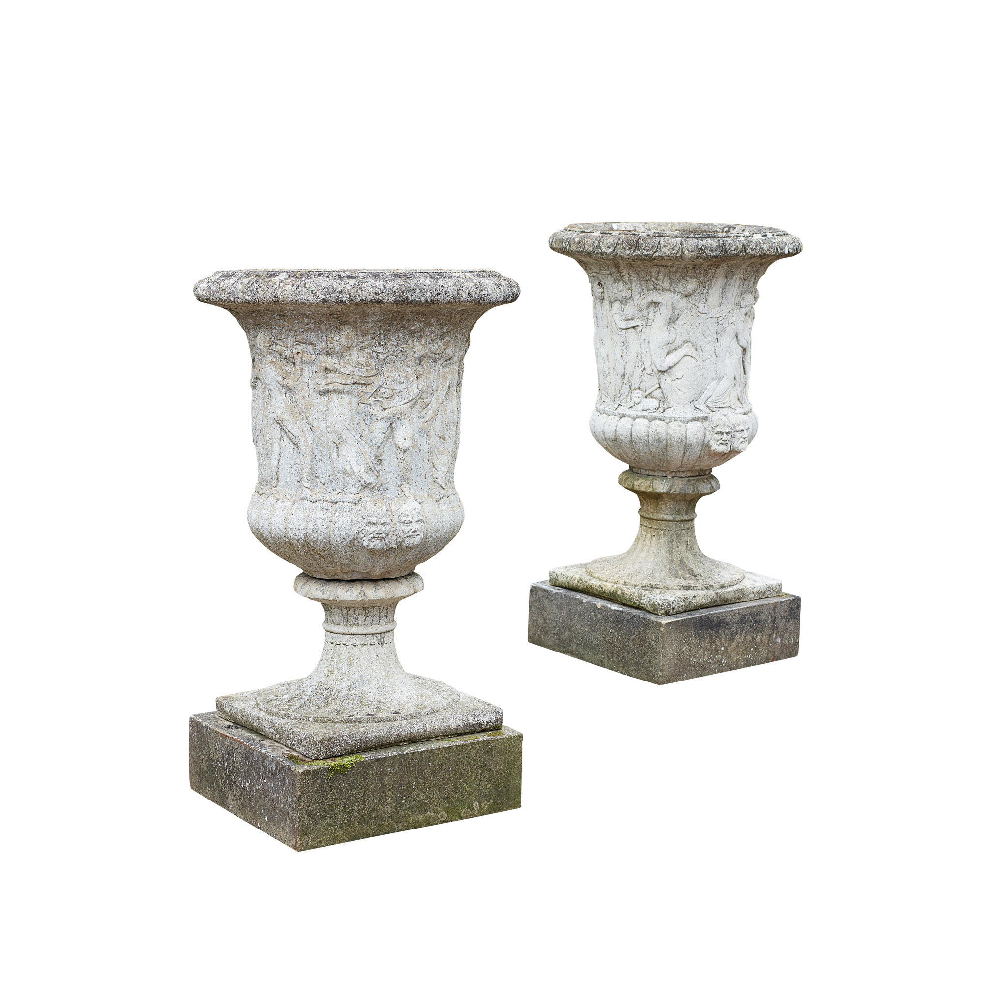 PAIR OF WHITE PAINTED COMPOSITION STONE RELIEF MOULDED URNS AND STANDS