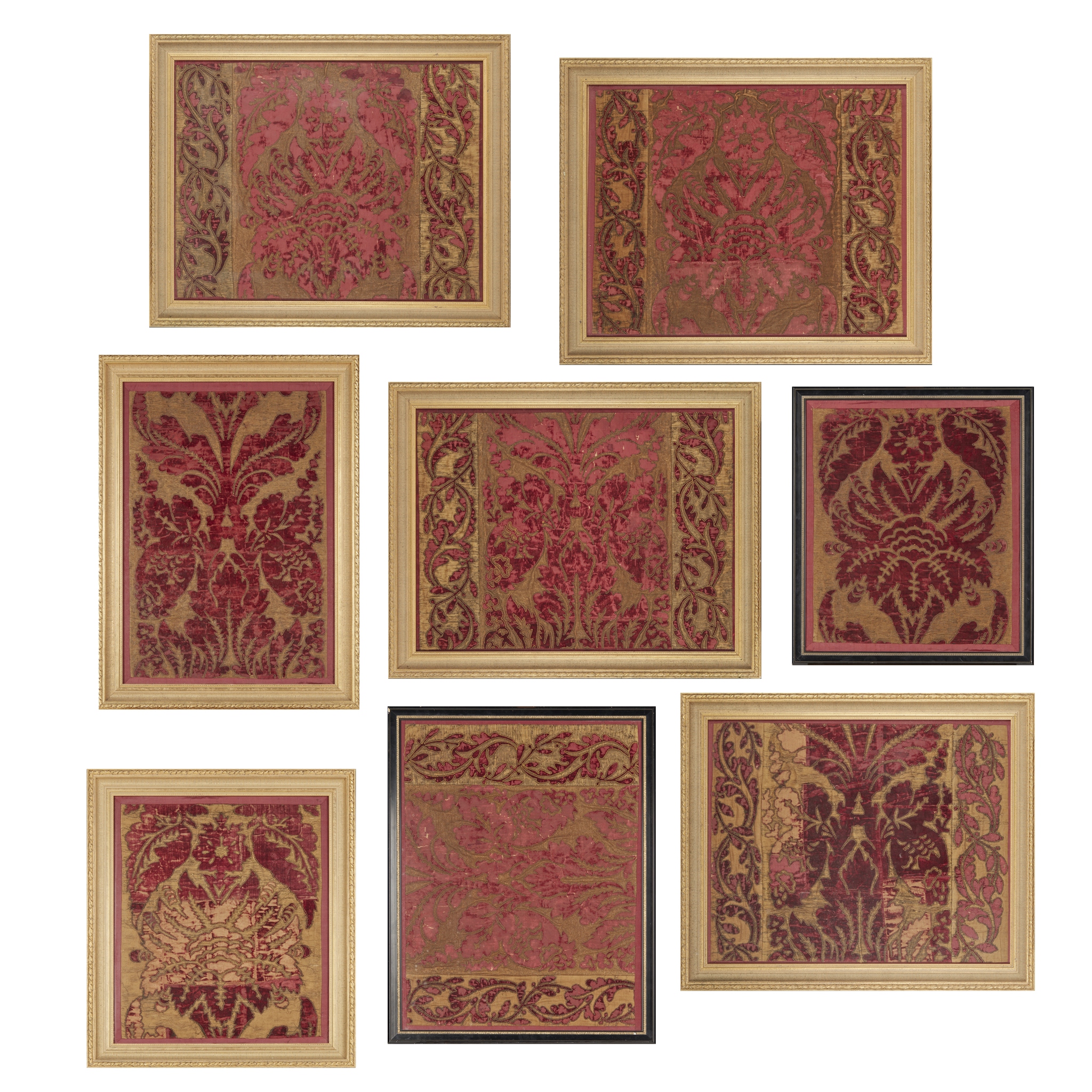 GROUP OF SEVEN CONTINENTAL GOLD METALLIC THREAD EMBROIDERED CRIMSON VELVET PANELS