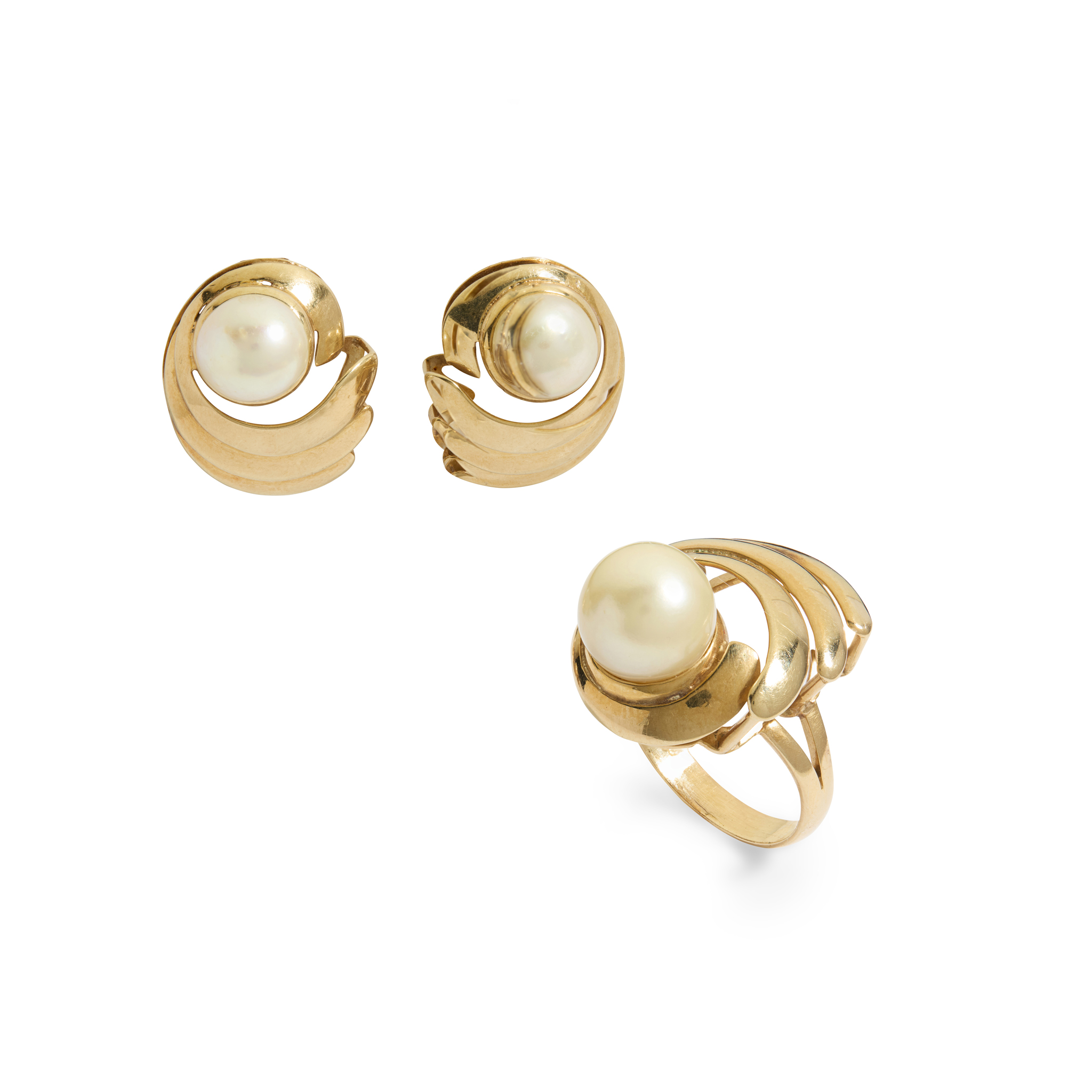 A pair of cultured pearl earrings and matching ring