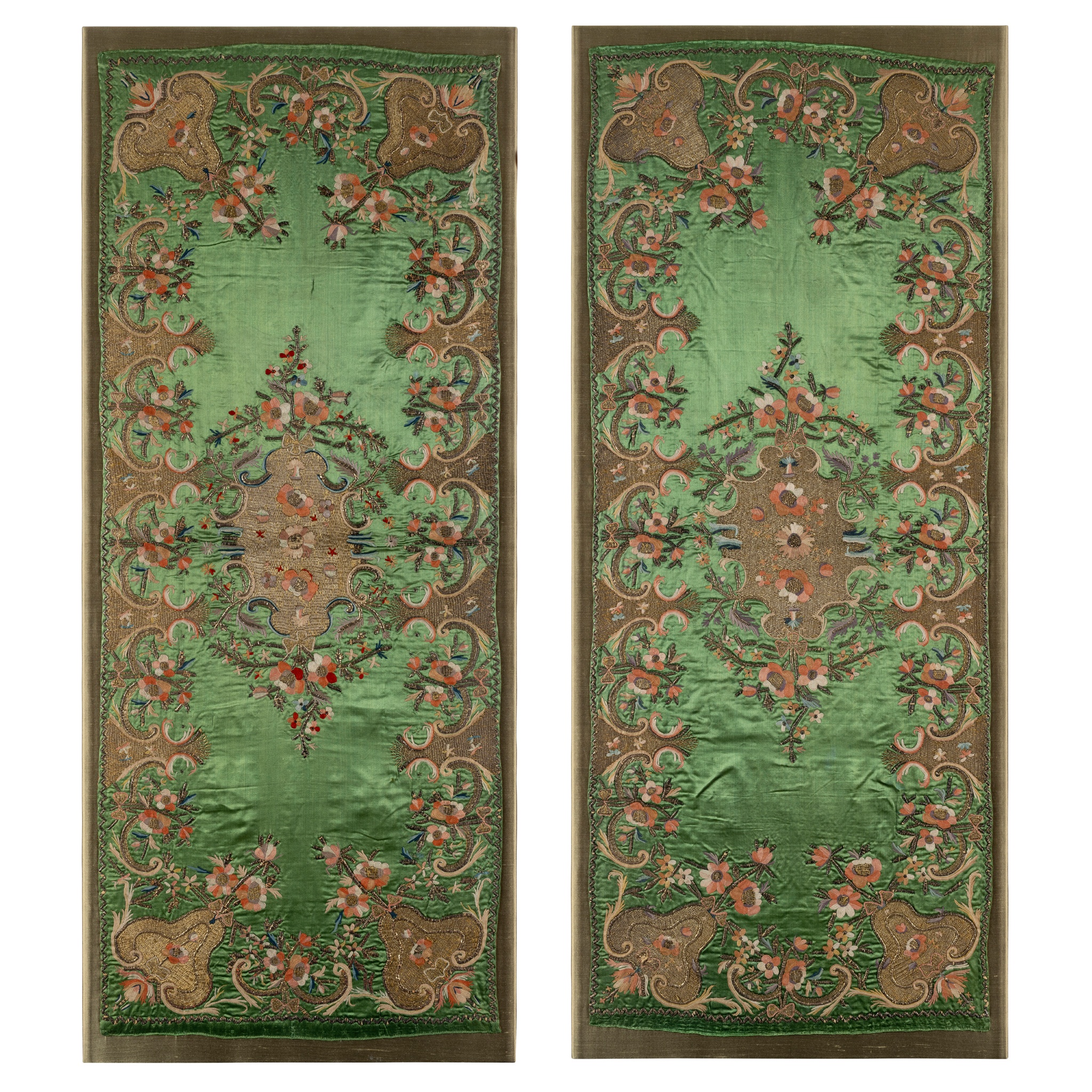 A SUPERB PAIR OF OTTOMAN METAL-THREAD EMBROIDERED SILK CEREMONIAL COVERS