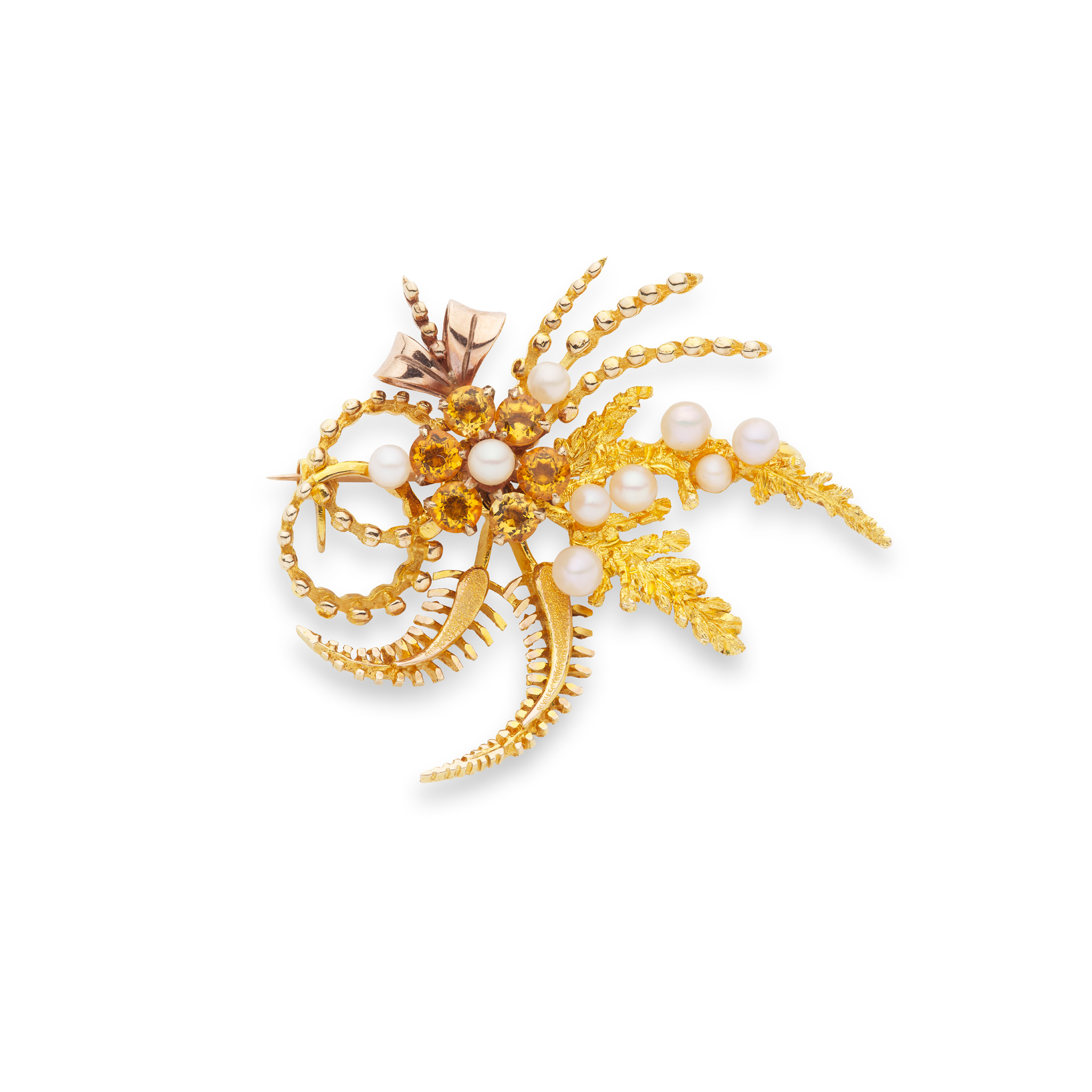 Cairncross of Perth: A 9ct gold Scottish freshwater pearl and citrine spray brooch
