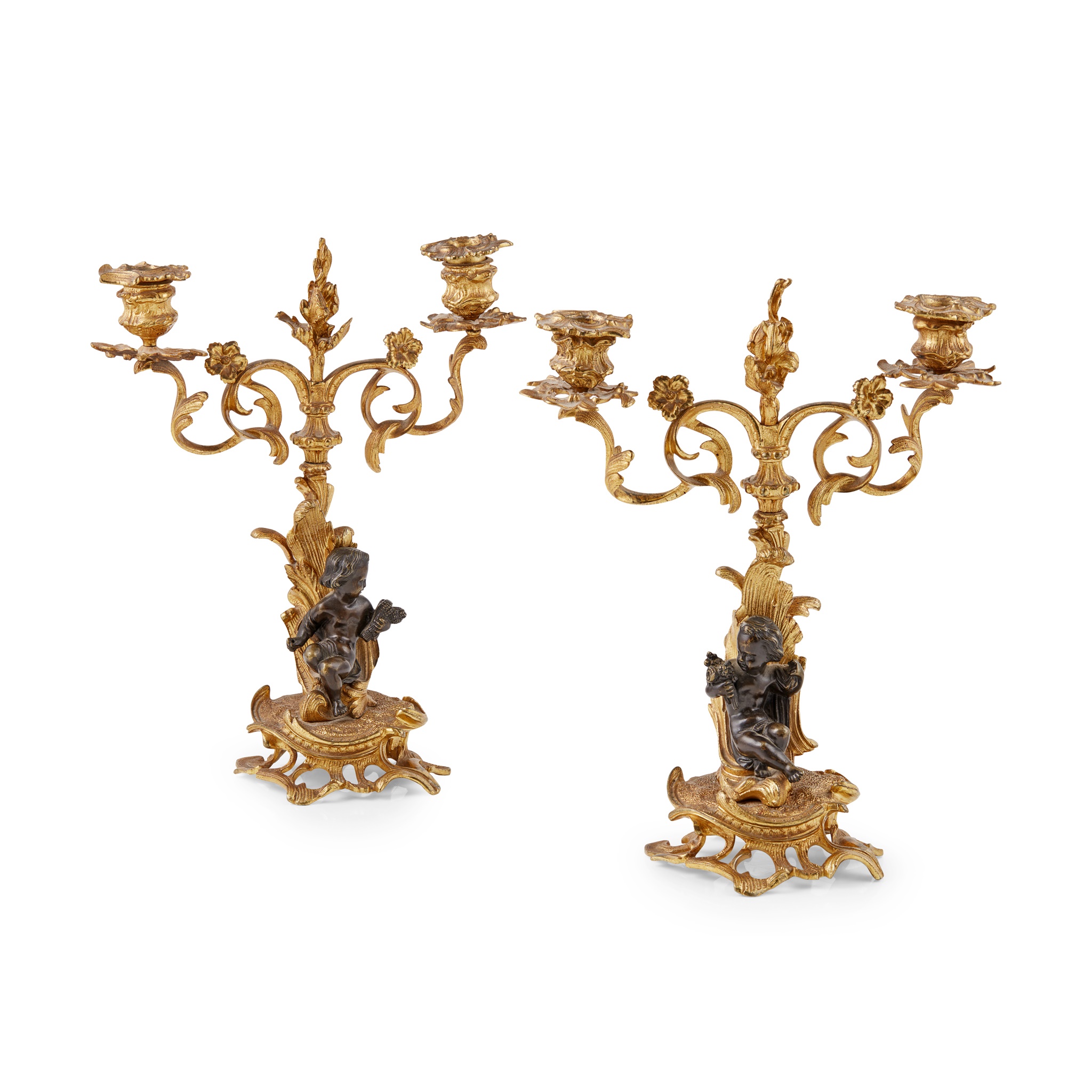 PAIR OF NAPOLEON III GILT AND PATINATED BRONZE FIGURAL CANDELABRA