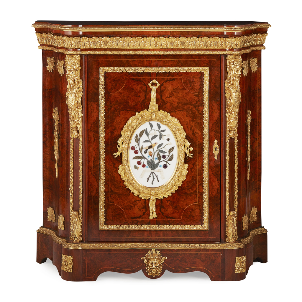 LOUIS XIV STYLE WALNUT, HARDSTONE AND GILT BRONZE MOUNTED SIDE CABINET