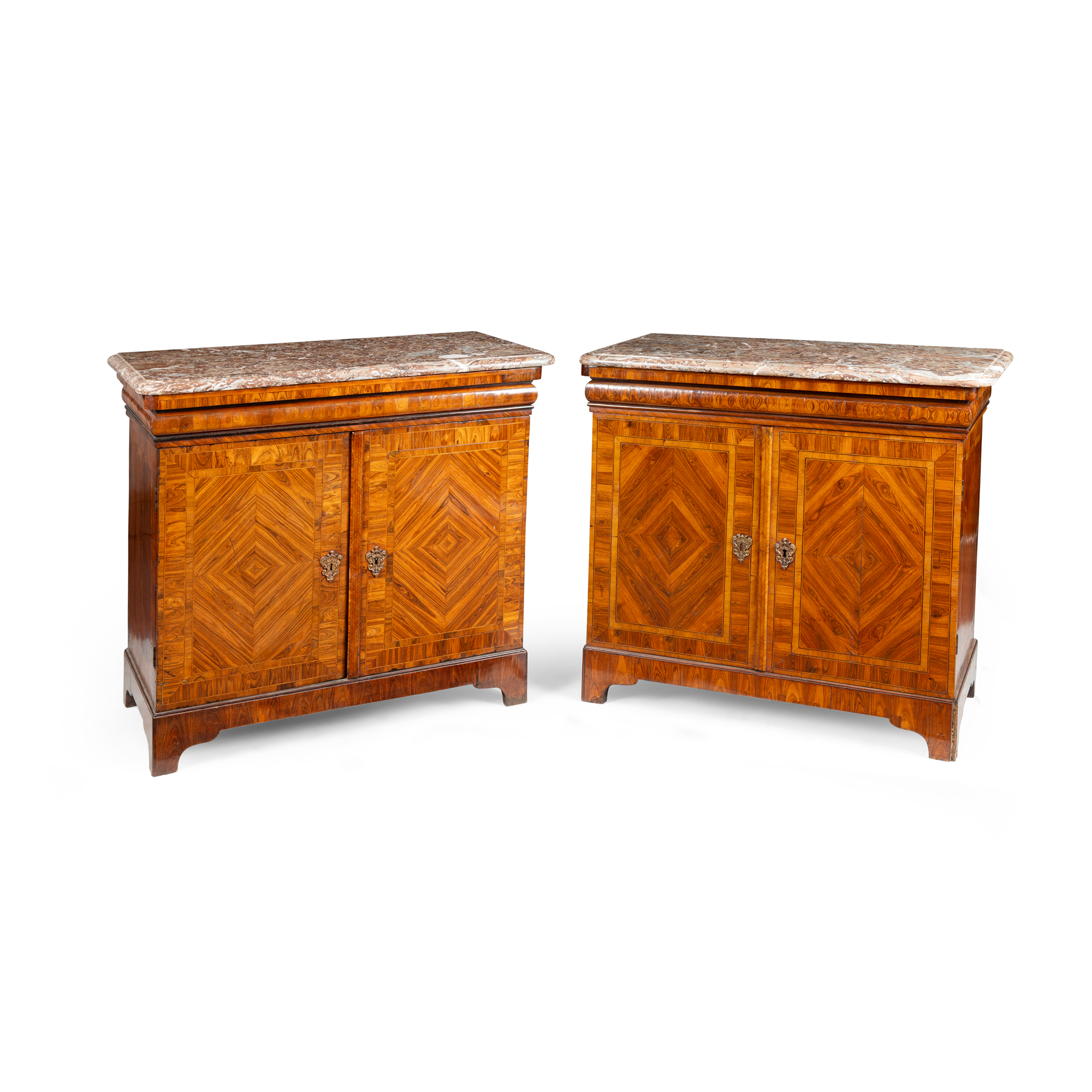 A PAIR OF ROSEWOOD AND CROSSBANDED MARBLE TOP SIDE CABINETS