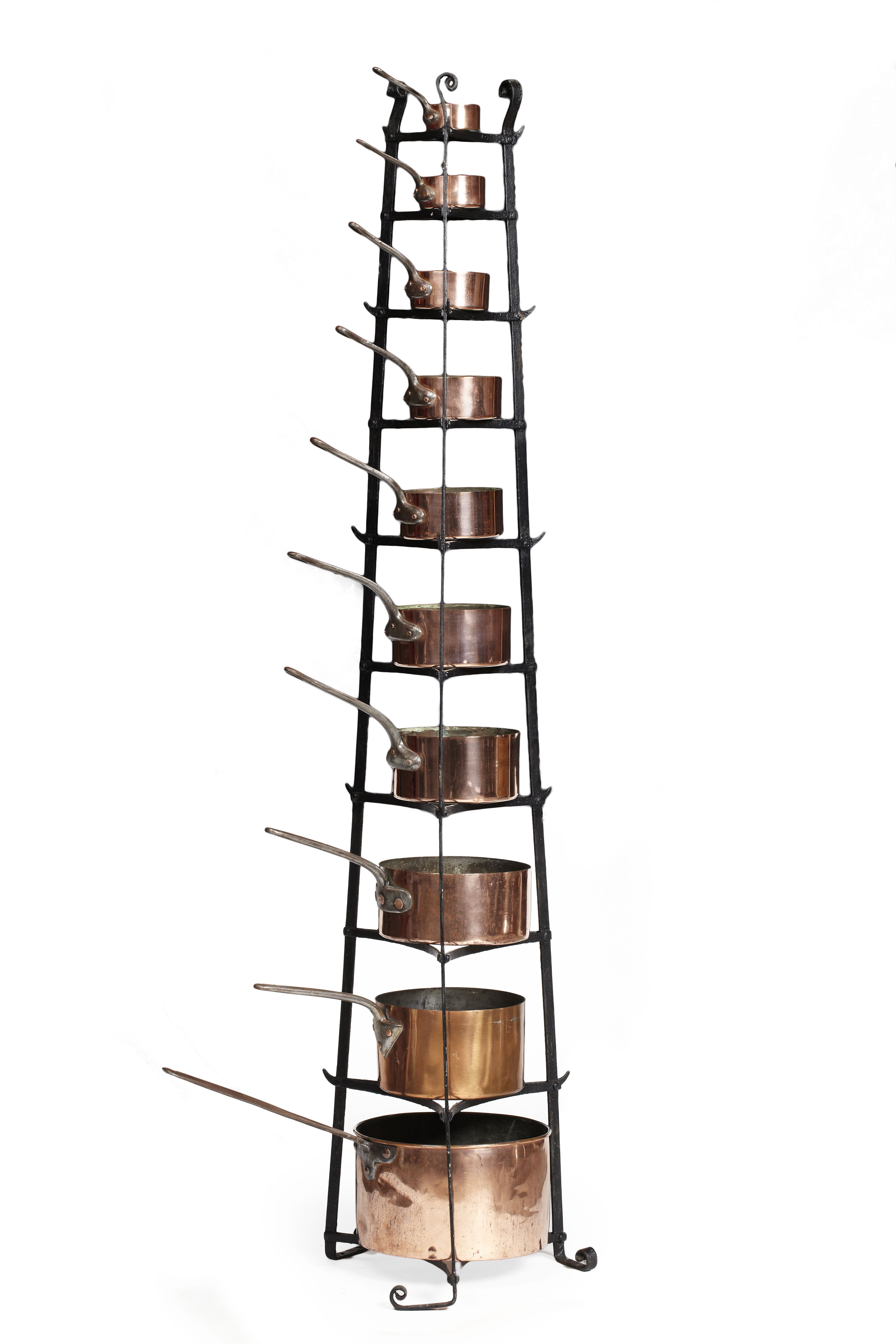 ASSEMBLED SET OF EDWARDIAN COPPER PANS AND WROUGHT IRON STAND