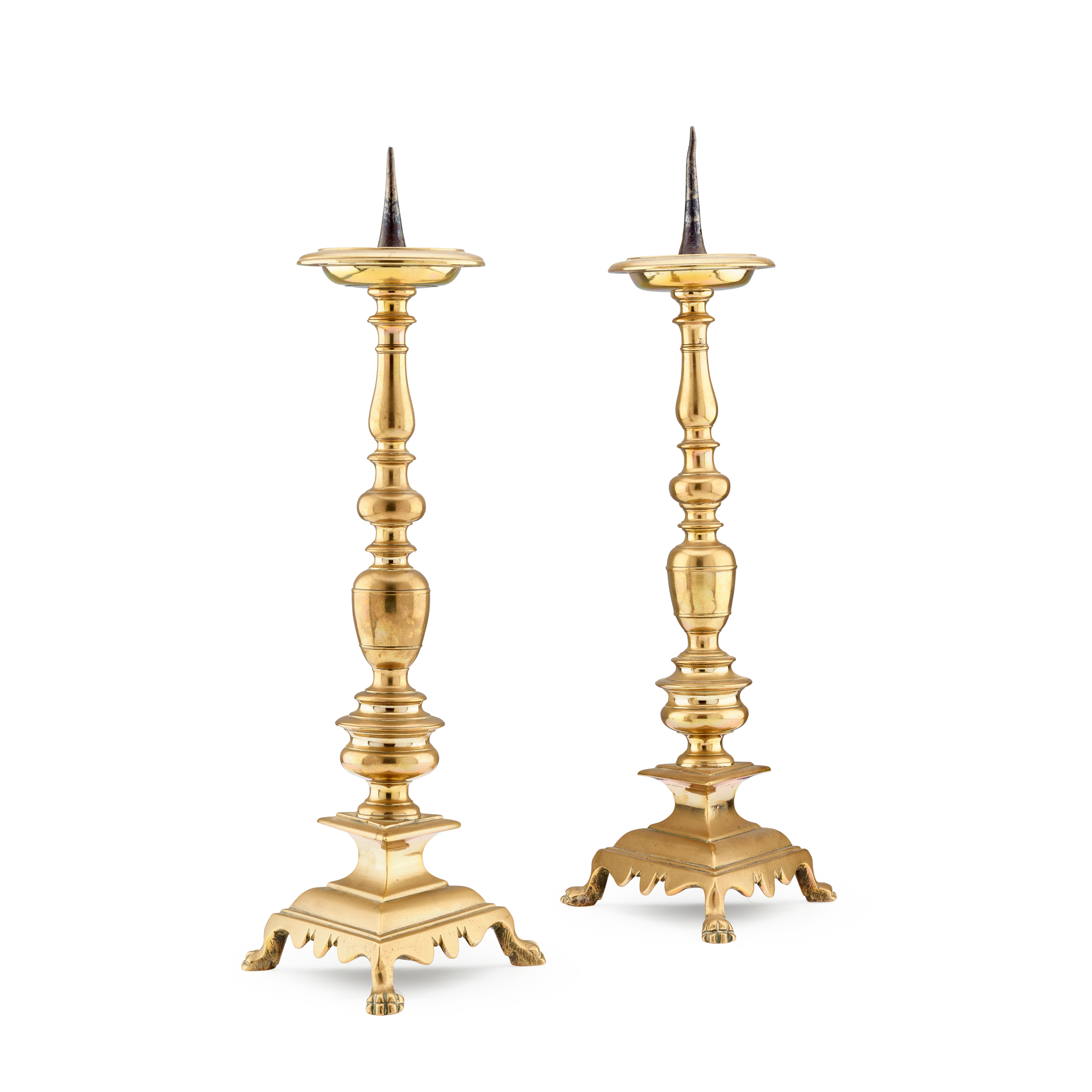 PAIR OF CONTINENTAL BRASS PRICKET CANDLESTICKS