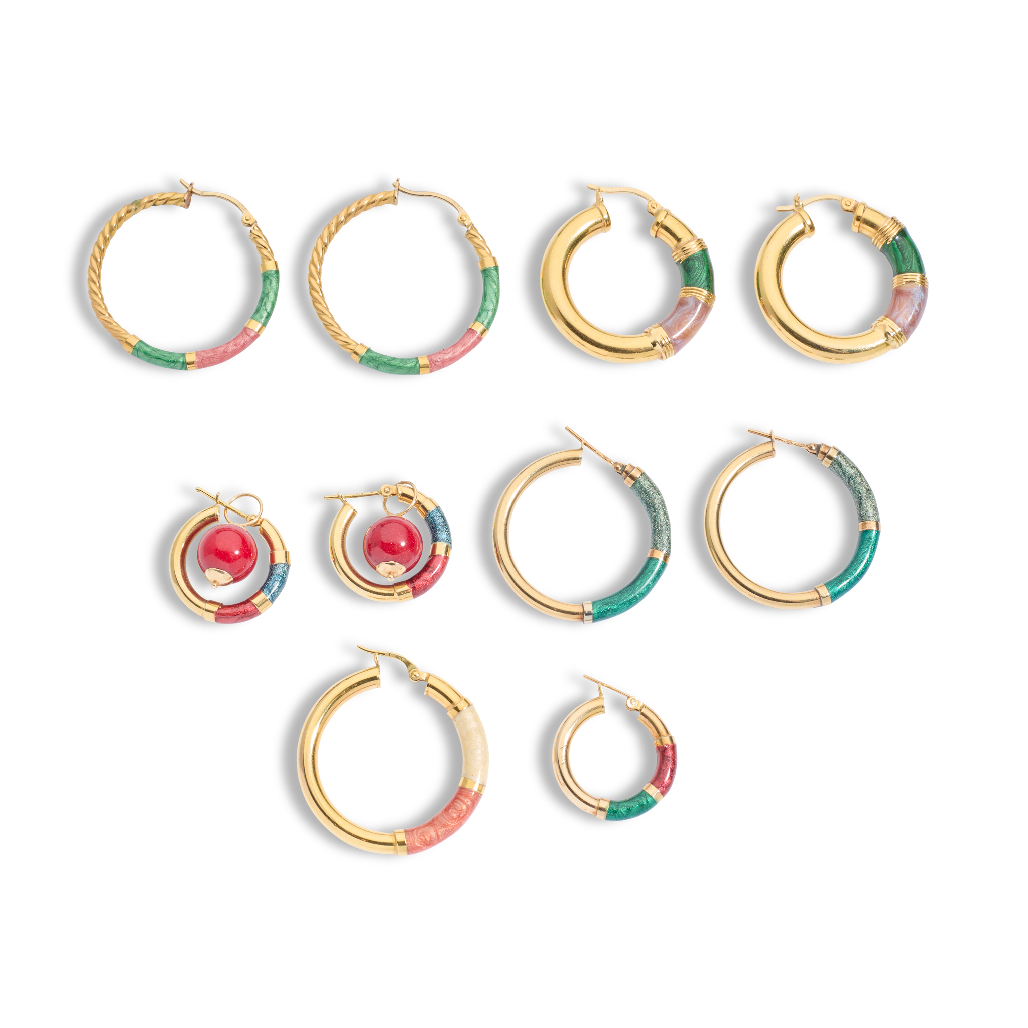 Four pairs of enamelled hoop earrings
