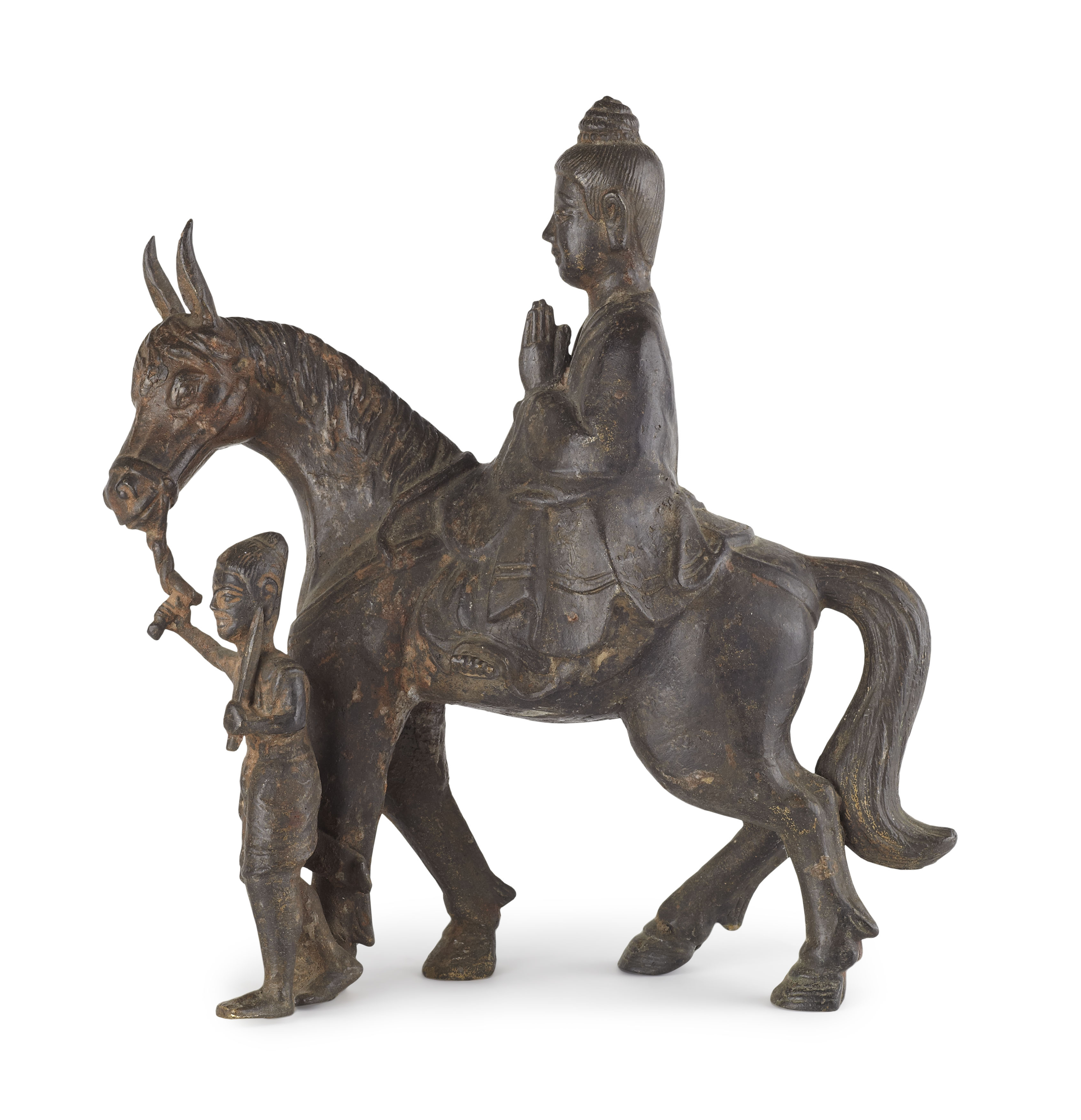 CHINESE BRONZE HORSE, RIDER AND ATTENDANT