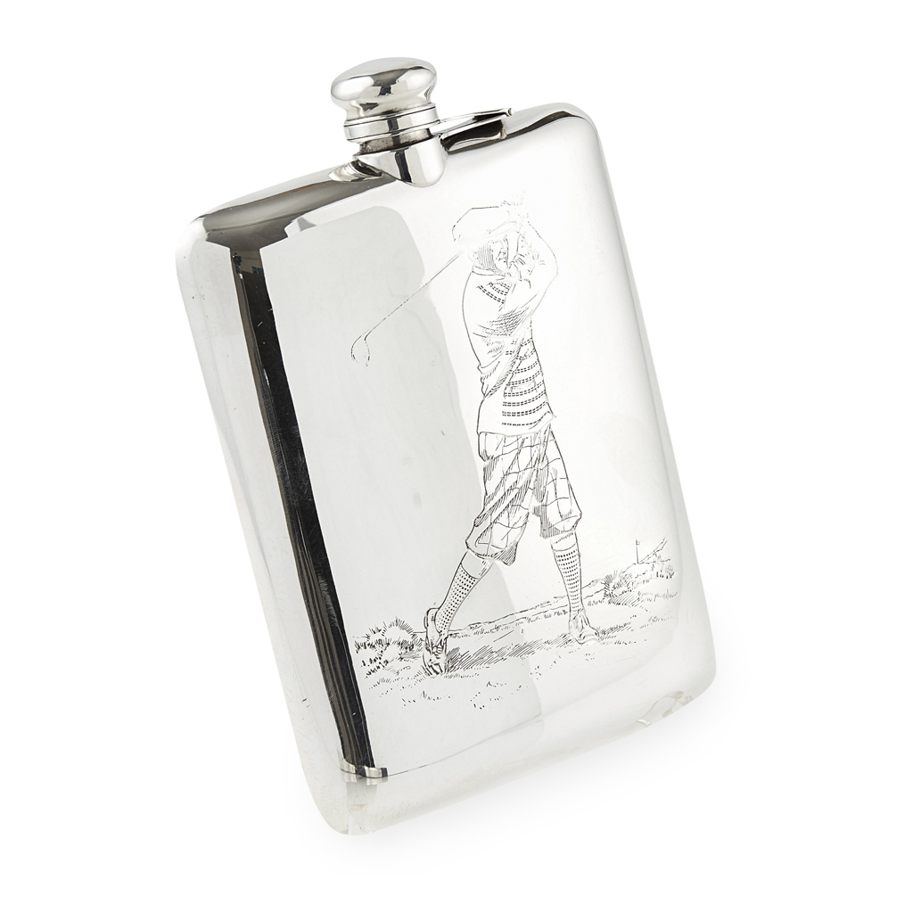 LARGE AMERICAN SILVER HIP FLASK OF GOLFING INTEREST, BY WILLIAM B. KERR & CO.