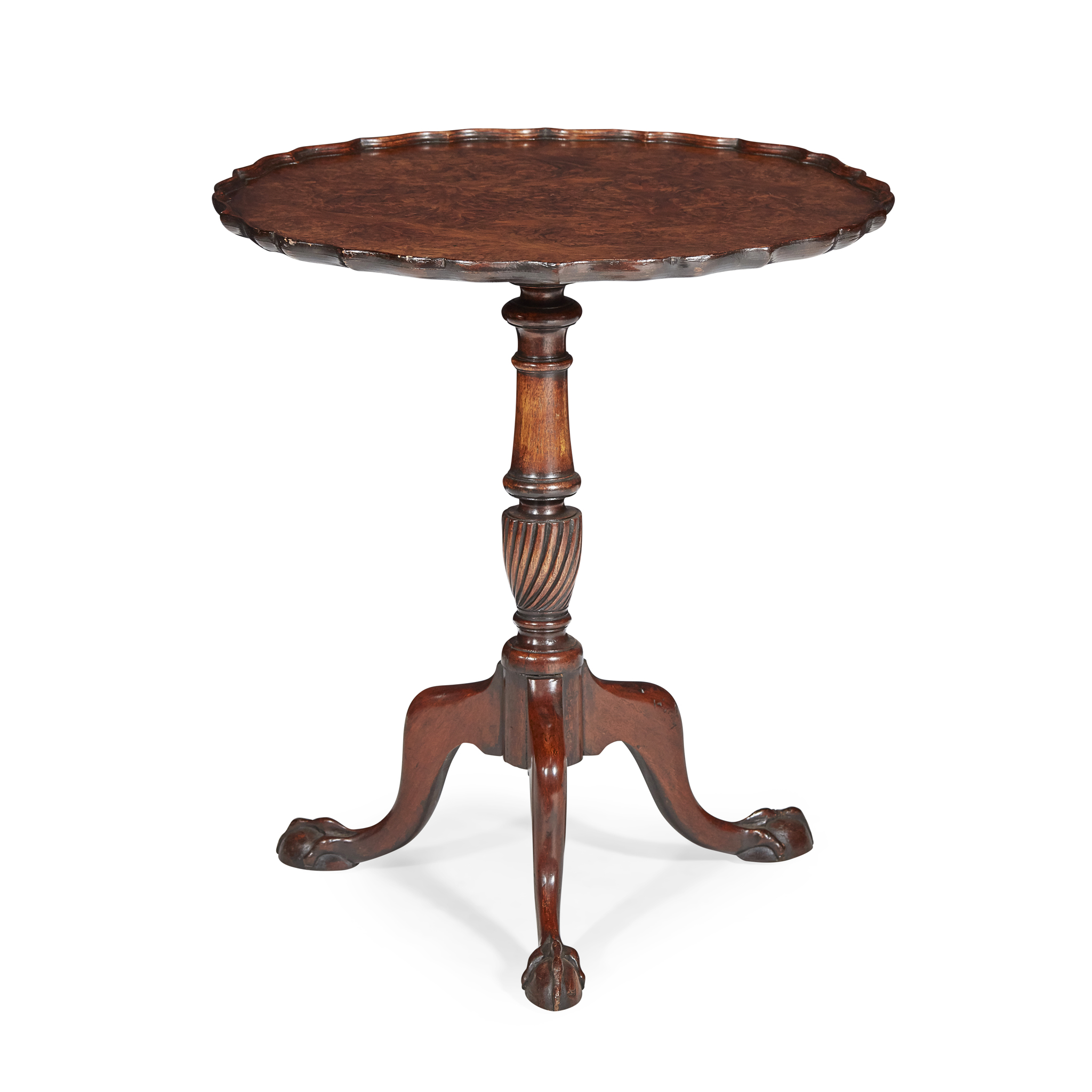 GEORGIAN STYLE FIGURED WALNUT PIECRUST TEA TABLE