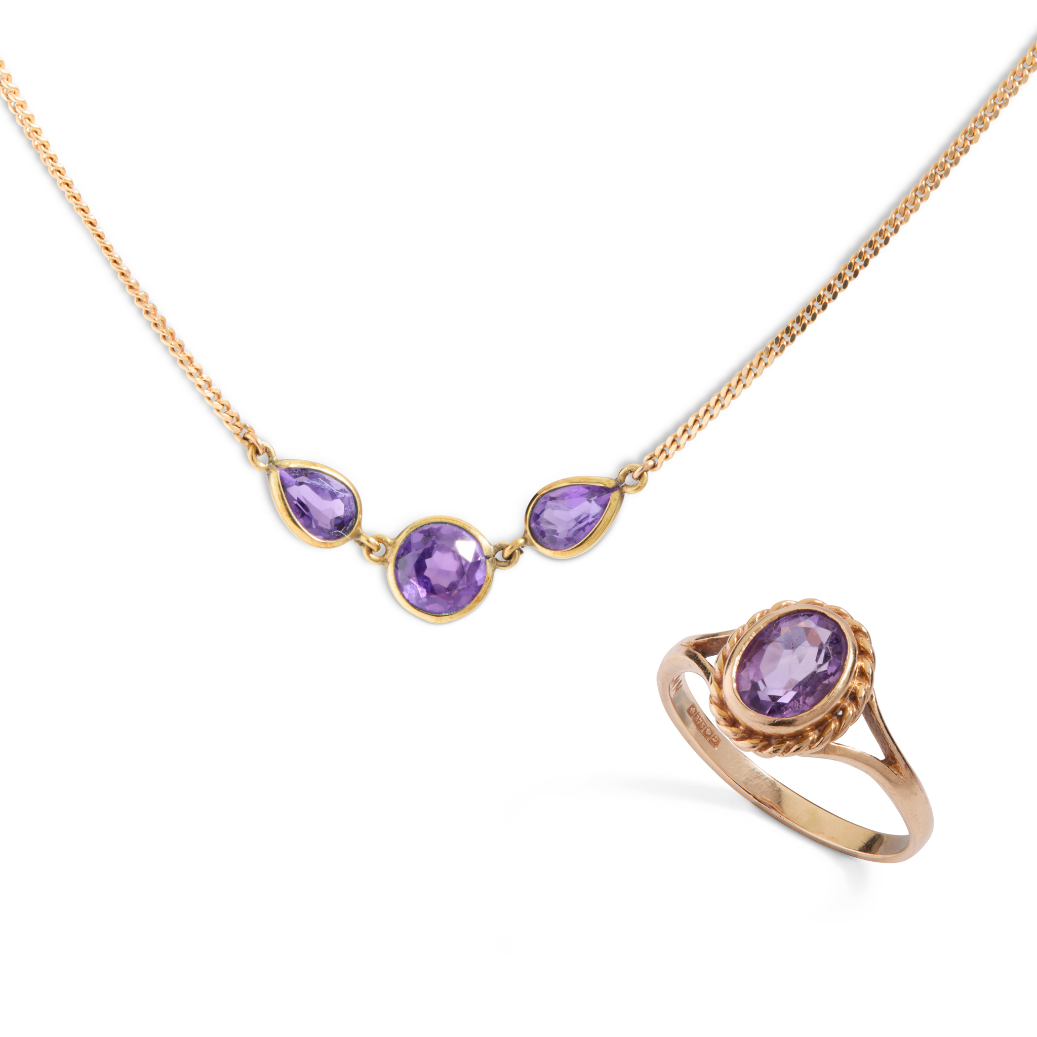 A 9ct gold amethyst three-stone necklet and a single-stone ring