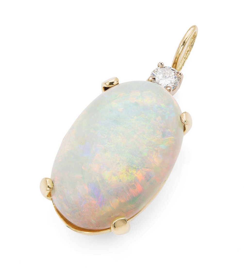 A modern 18ct gold mounted opal and diamond set pendant
