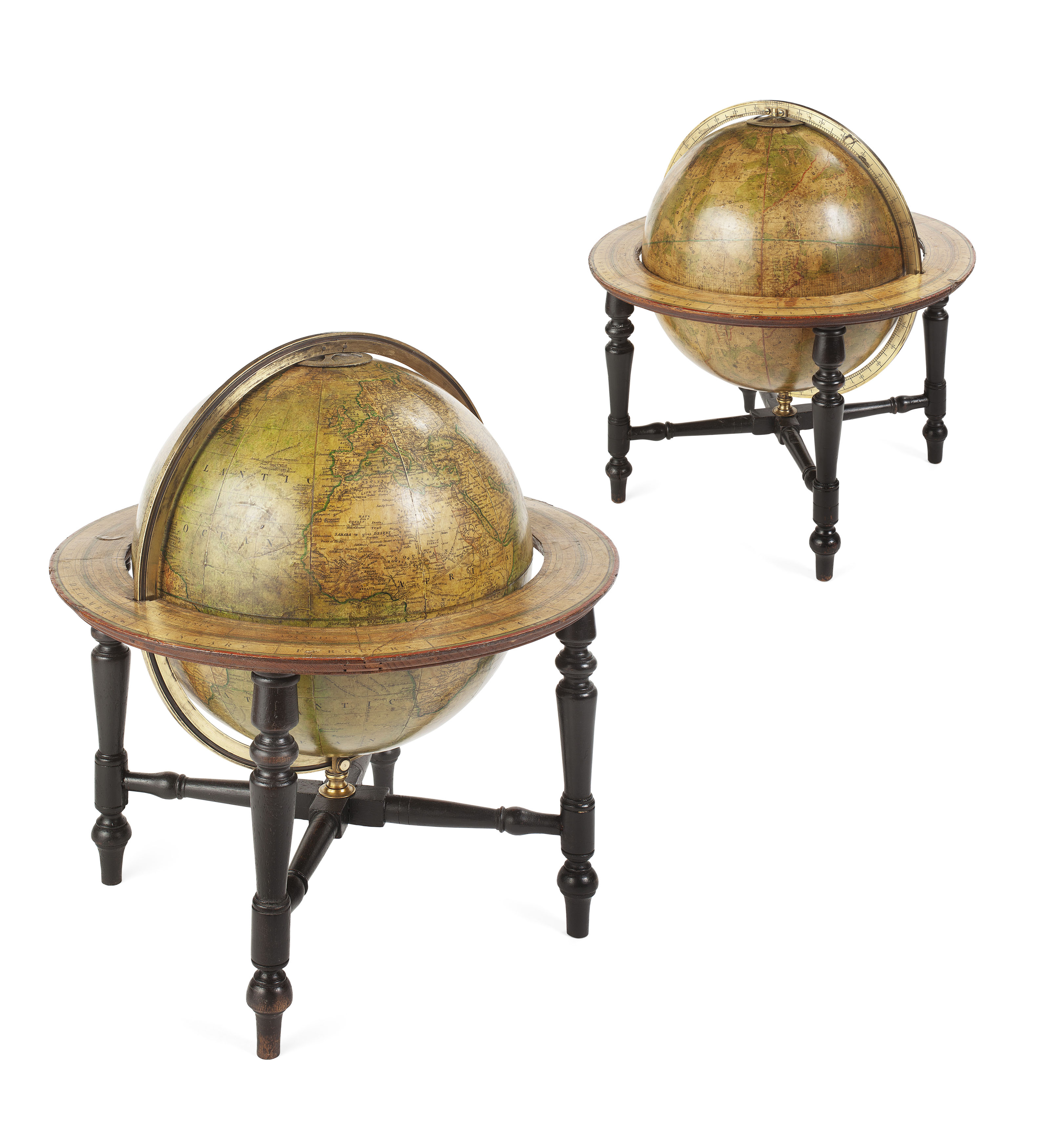 PAIR OF ENGLISH 12 INCH TERRESTRIAL AND CELESTIAL TABLE GLOBES