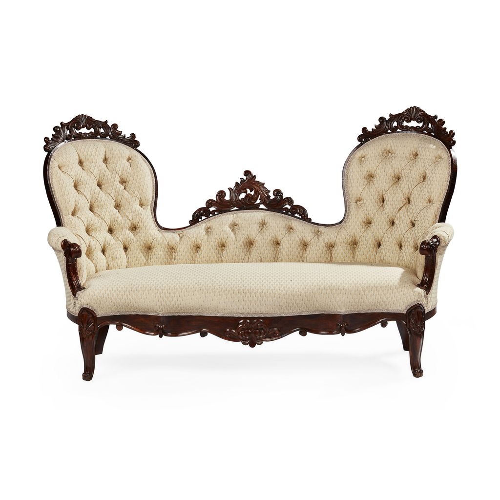 VICTORIAN ROSEWOOD FRAMED BUTTON UPHOLSTERED SETTEE