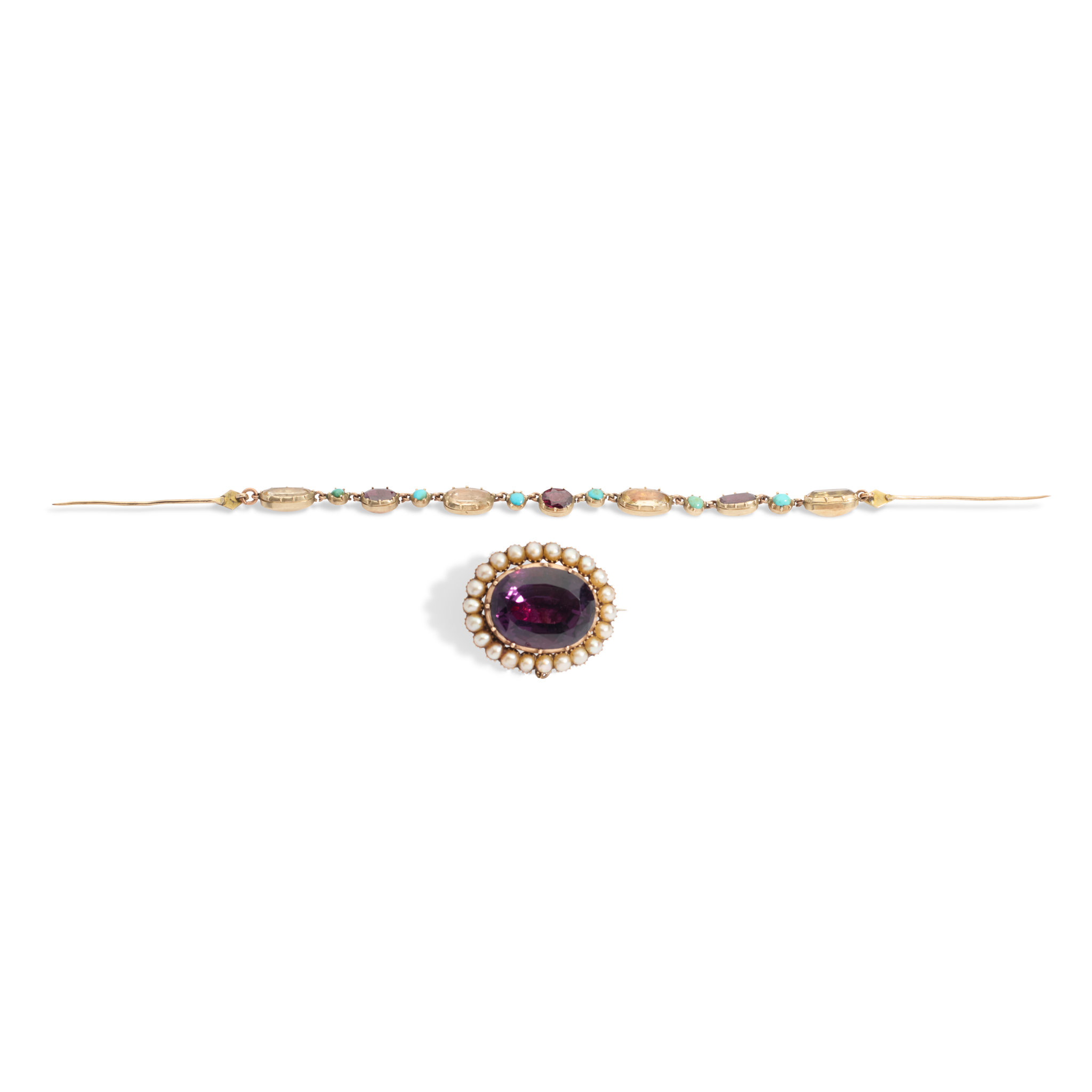An amethyst and pearl brooch