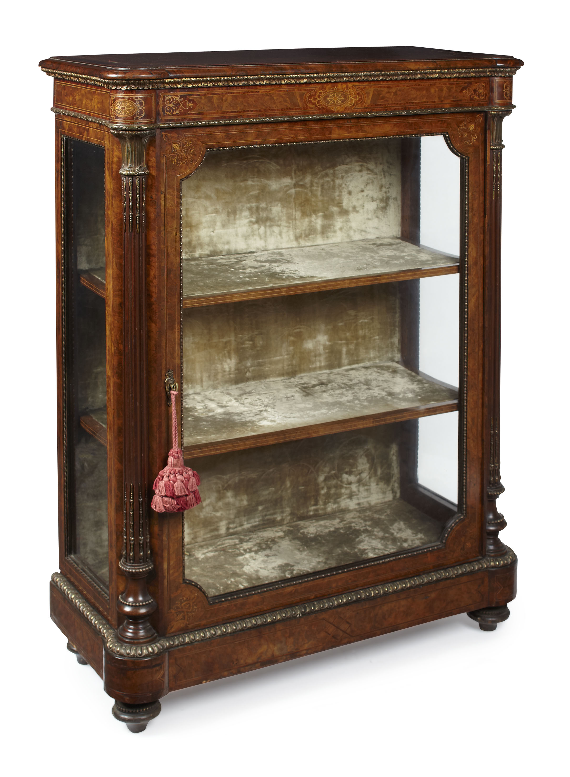 VICTORIAN BURR WALNUT, YEW WOOD, MAHOGANY AND INLAY GILT METAL MOUNTED DISPLAY CABINET