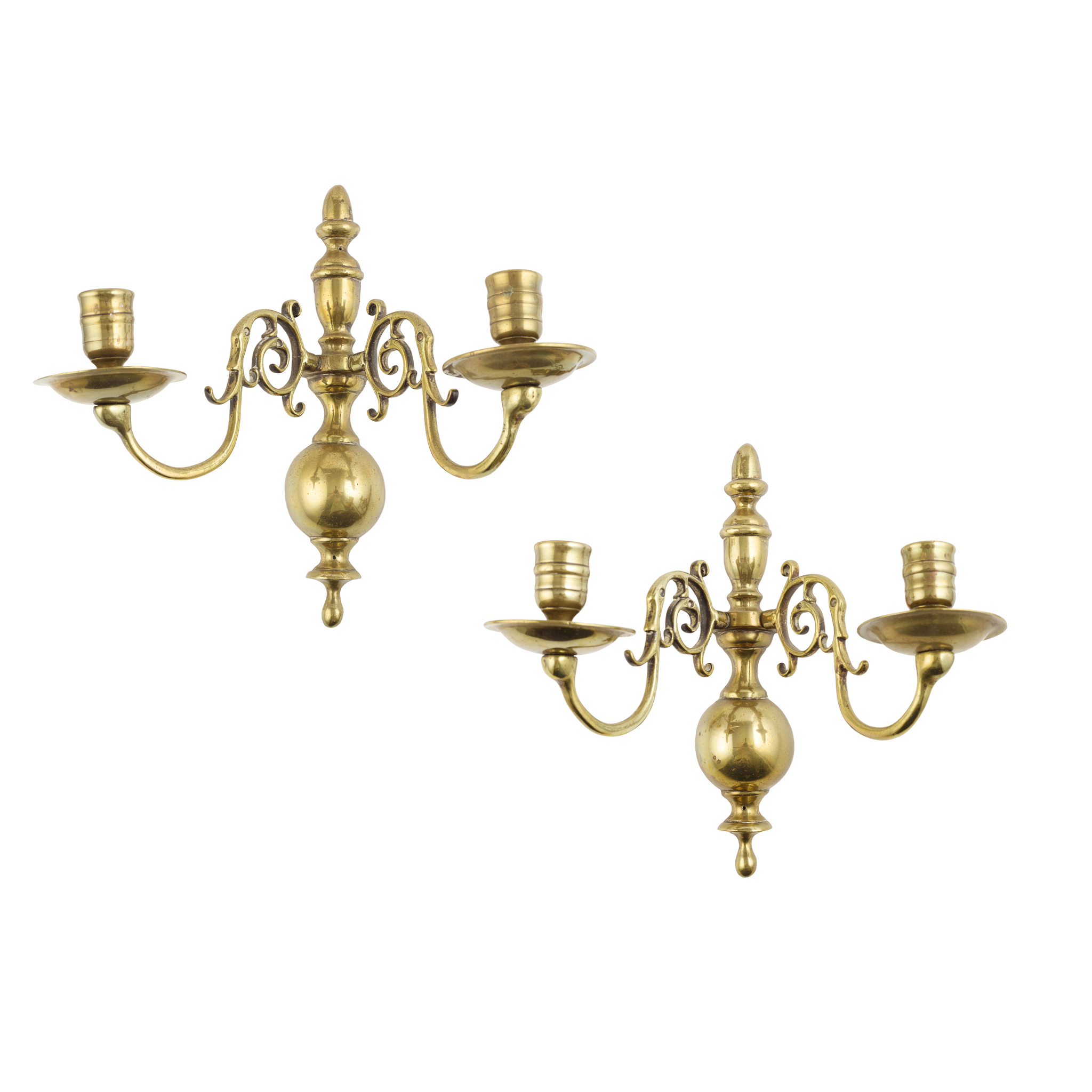 PAIR OF 17TH CENTURY DUTCH STYLE BRASS TWO BRANCH WALL APPLIQUES