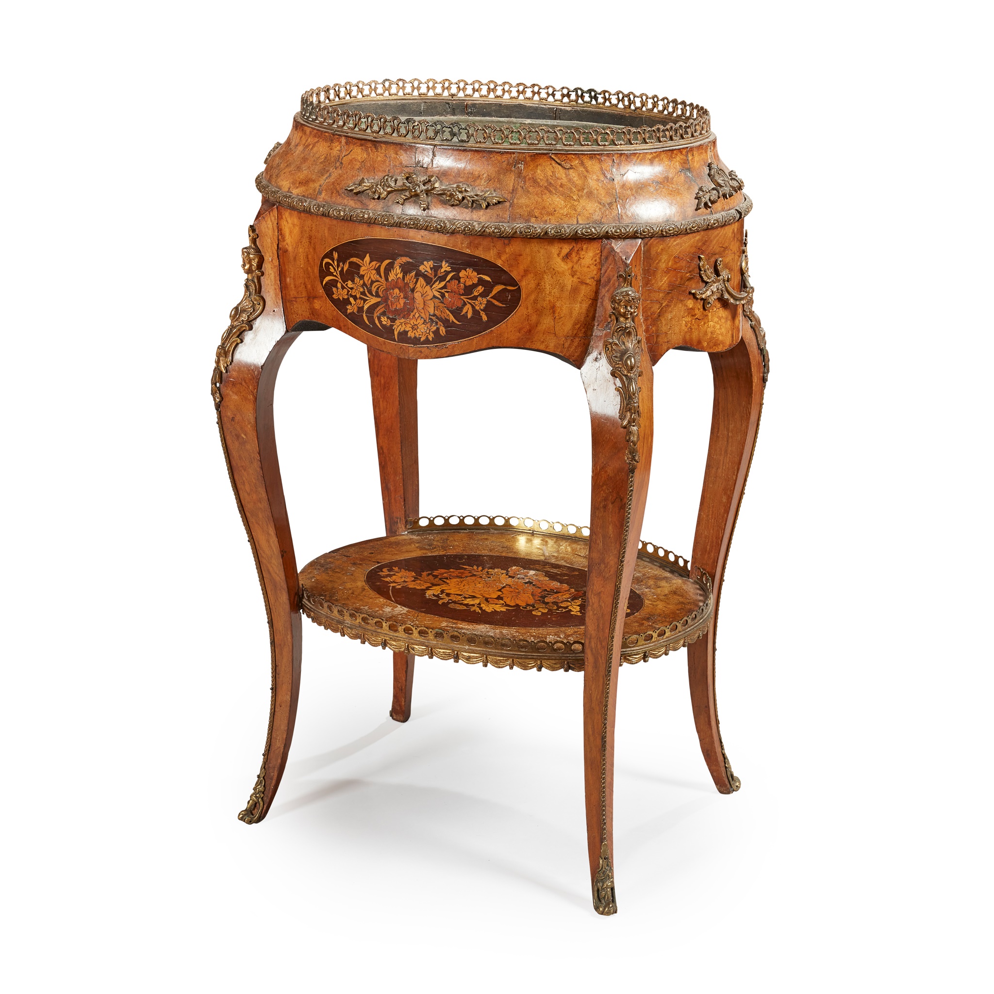 A LOUIS XV STYLE WALNUT, MARQUETRY AND GILT METAL JARDINIÈRE