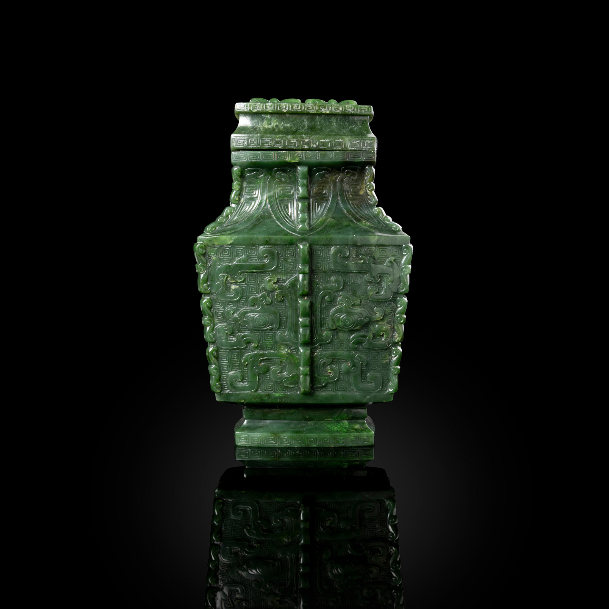 CHINESE SPINACH JADE ARCHAISTIC 'TAOTIE' VASE AND COVER