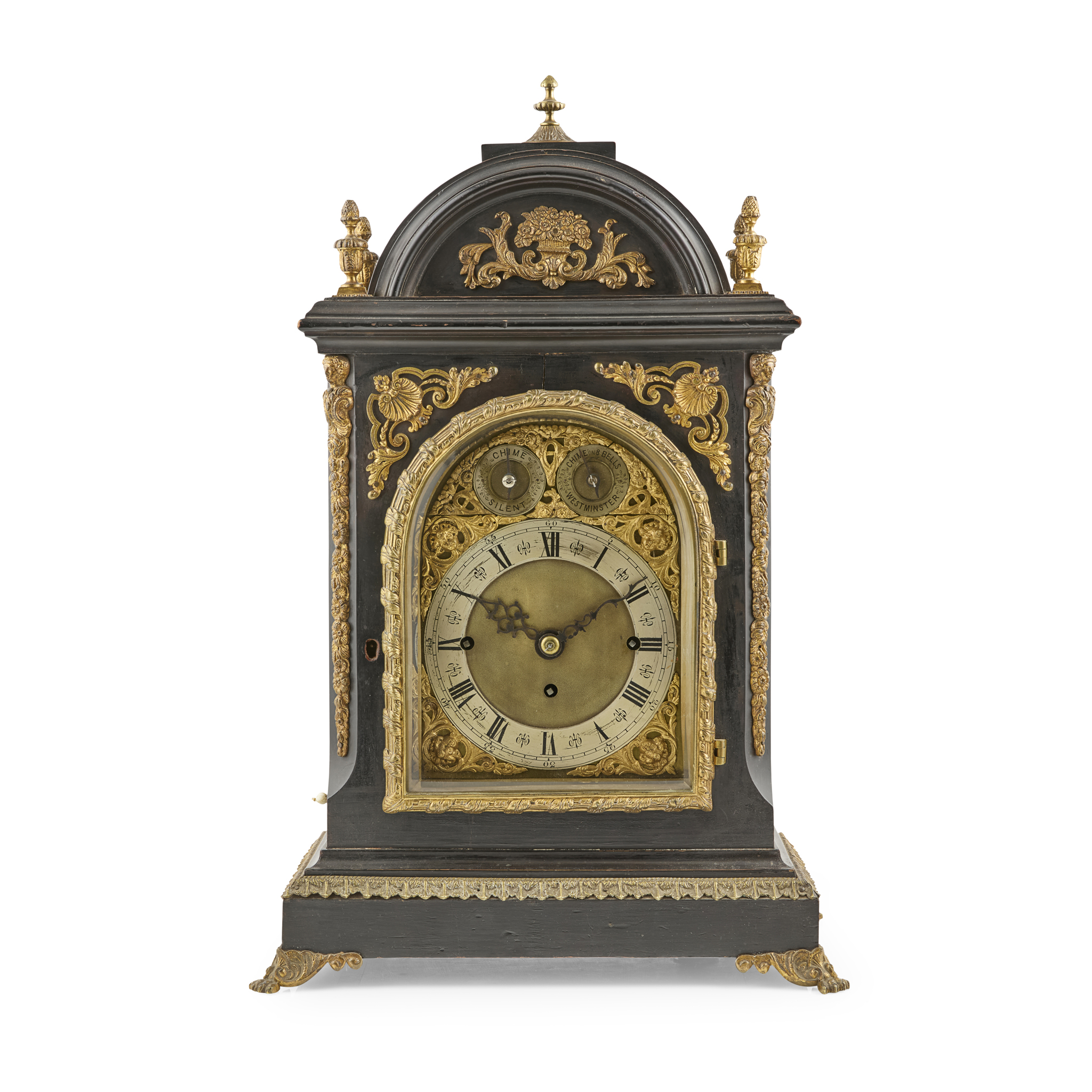 GEORGIAN STYLE EBONISED AND GILT BRASS QUARTER STRIKING AND CHIMING TABLE CLOCK