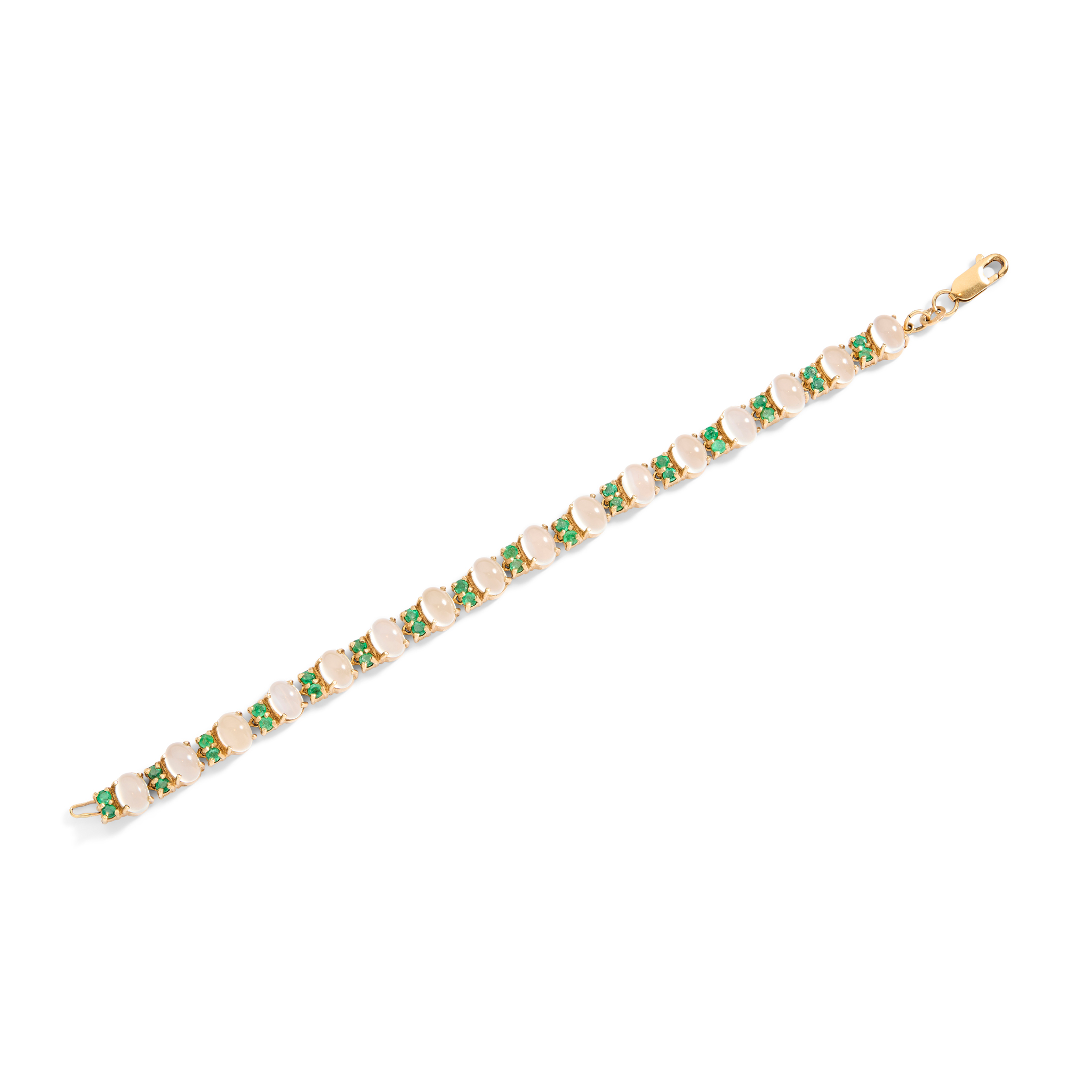 A 9ct gold moonstone and emerald bracelet