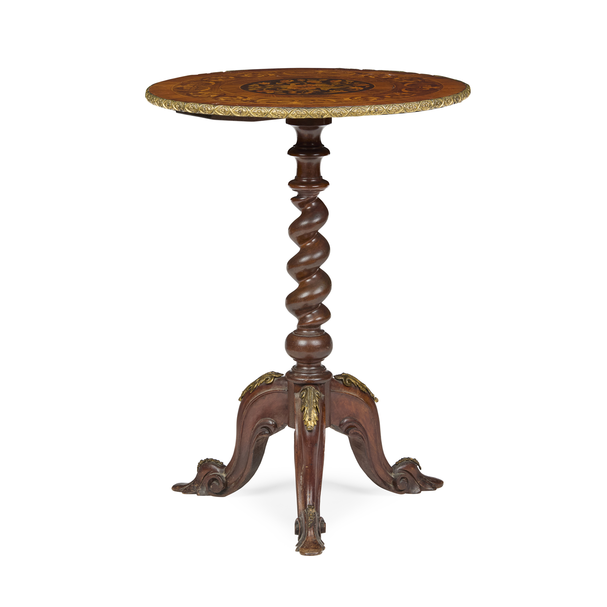 EARLY VICTORIAN WALNUT, BRASS, AND MARQUETRY OCCASIONAL TABLE