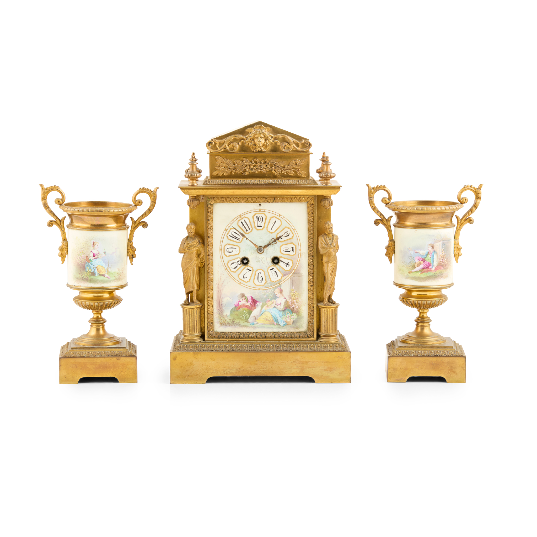 FRENCH GILT BRONZE, BRASS AND PORCELAIN CLOCK GARNITURE