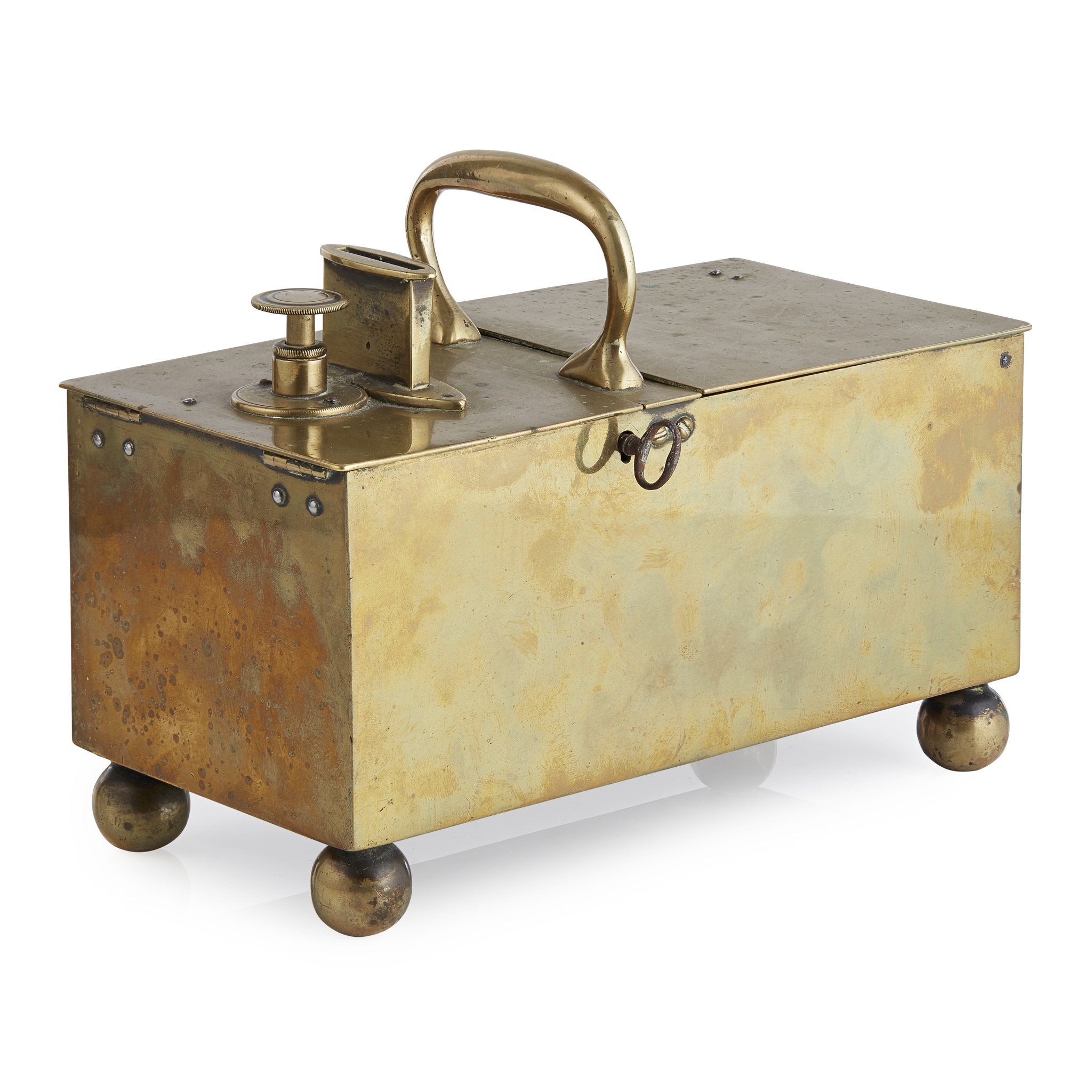 GEORGE III BRASS TAVERN 'HONESTY' TOBACCO BOX