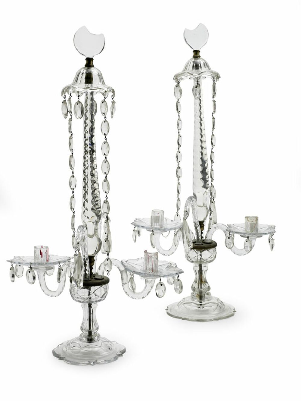 A pair of Regency period cut glass twin-light table lustres