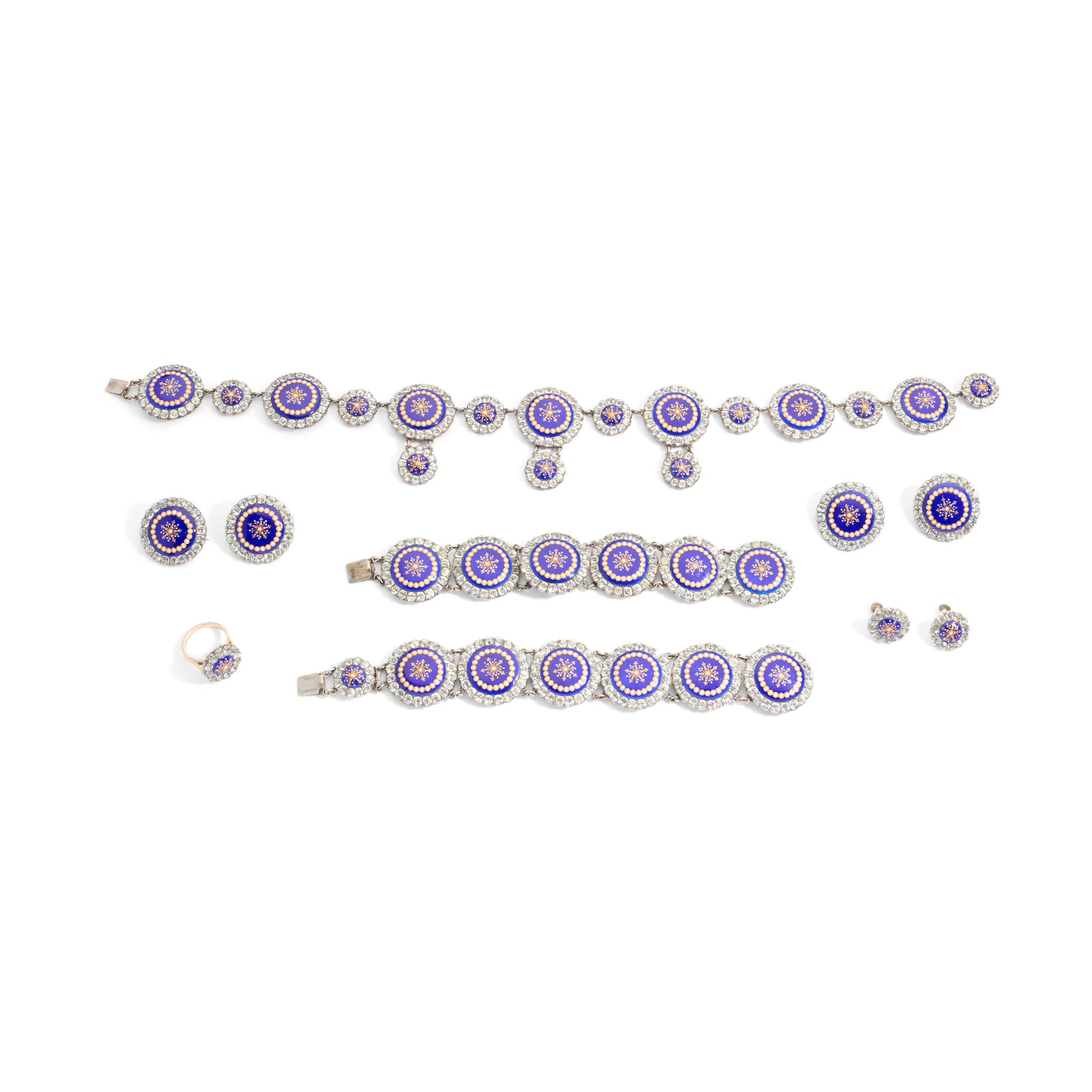 A late 19th century cased suite of paste and enamel jewellery