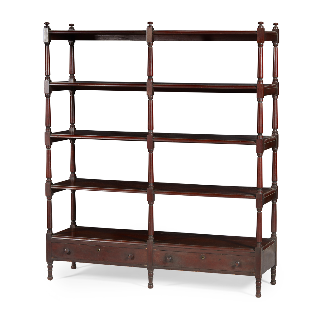 EARLY VICTORIAN MAHOGANY DOUBLE WHATNOT