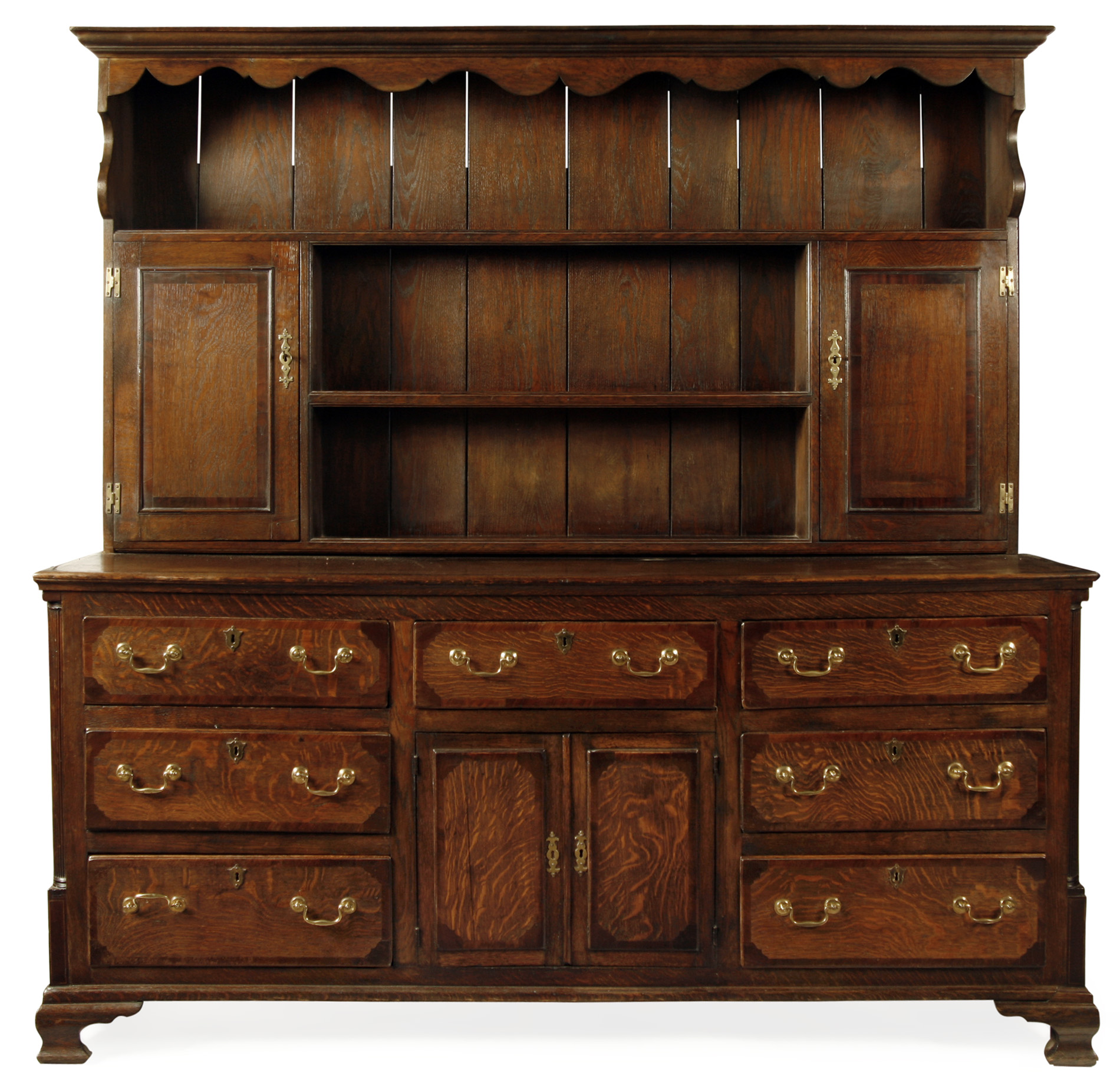 CROSSBANDED OAK DRESSER AND PLATE RACK