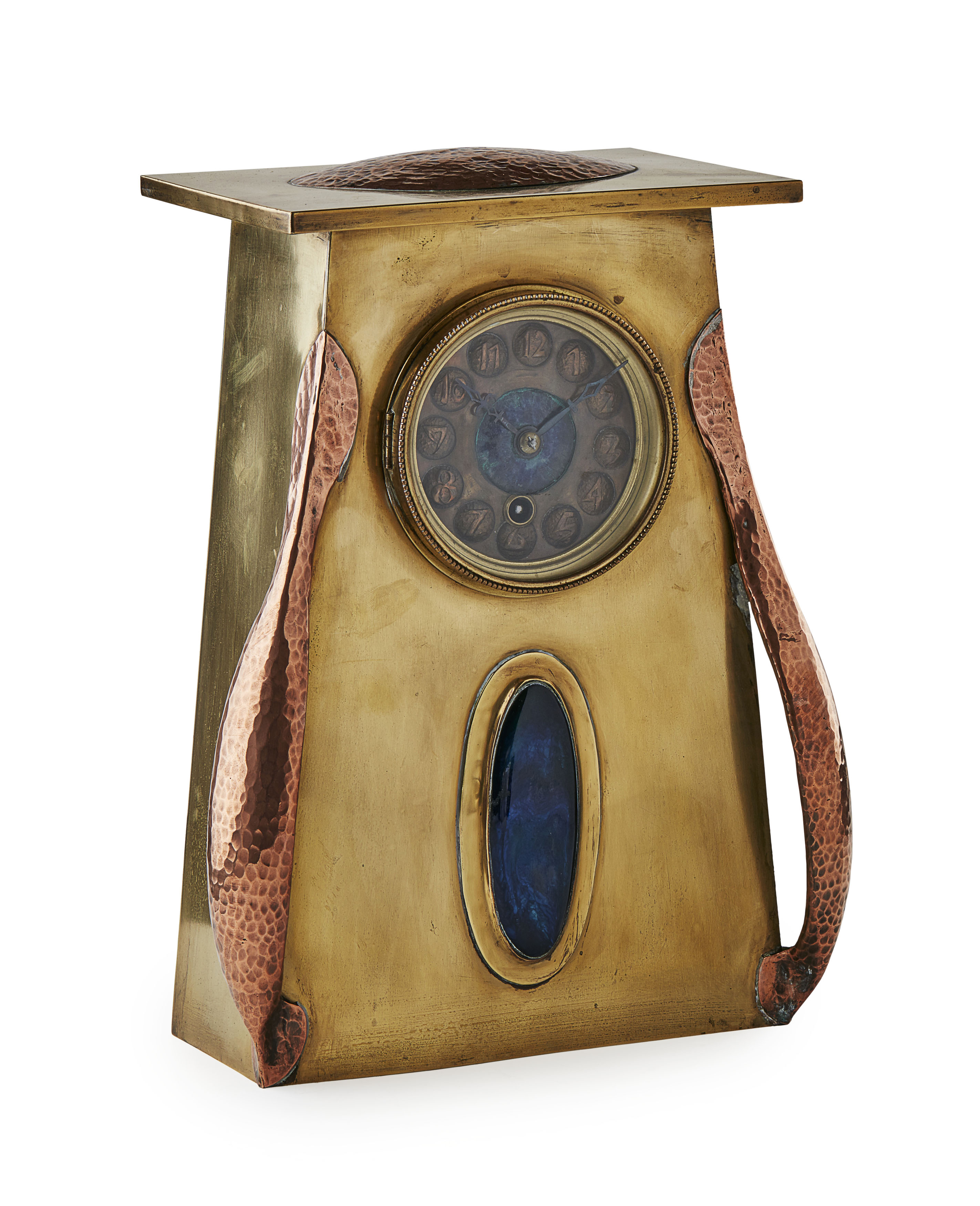 ARTS & CRAFTS BRASS, COPPER AND ENAMEL MANTEL CLOCK