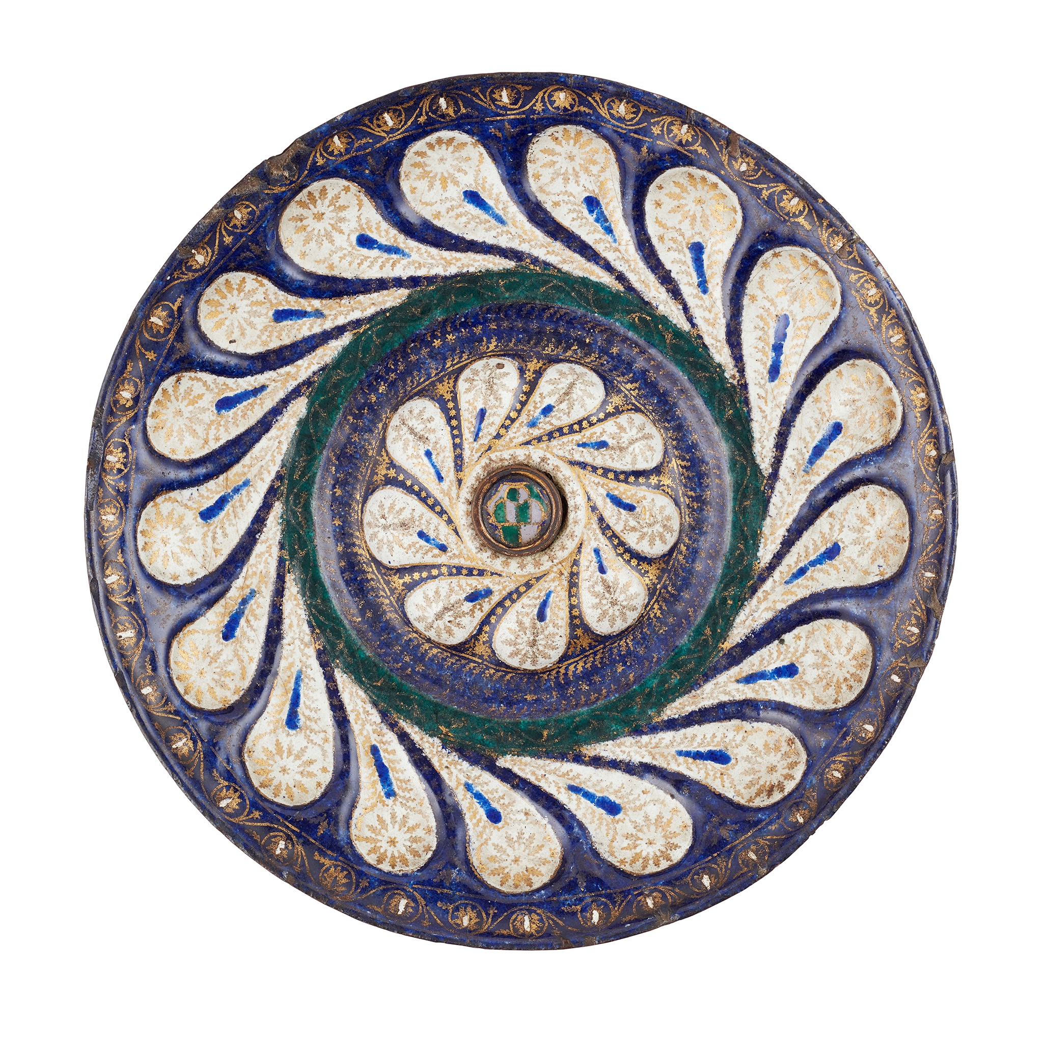 RARE VENETIAN ENAMEL AND PARCEL GILT DECORATED COPPER CHARGER